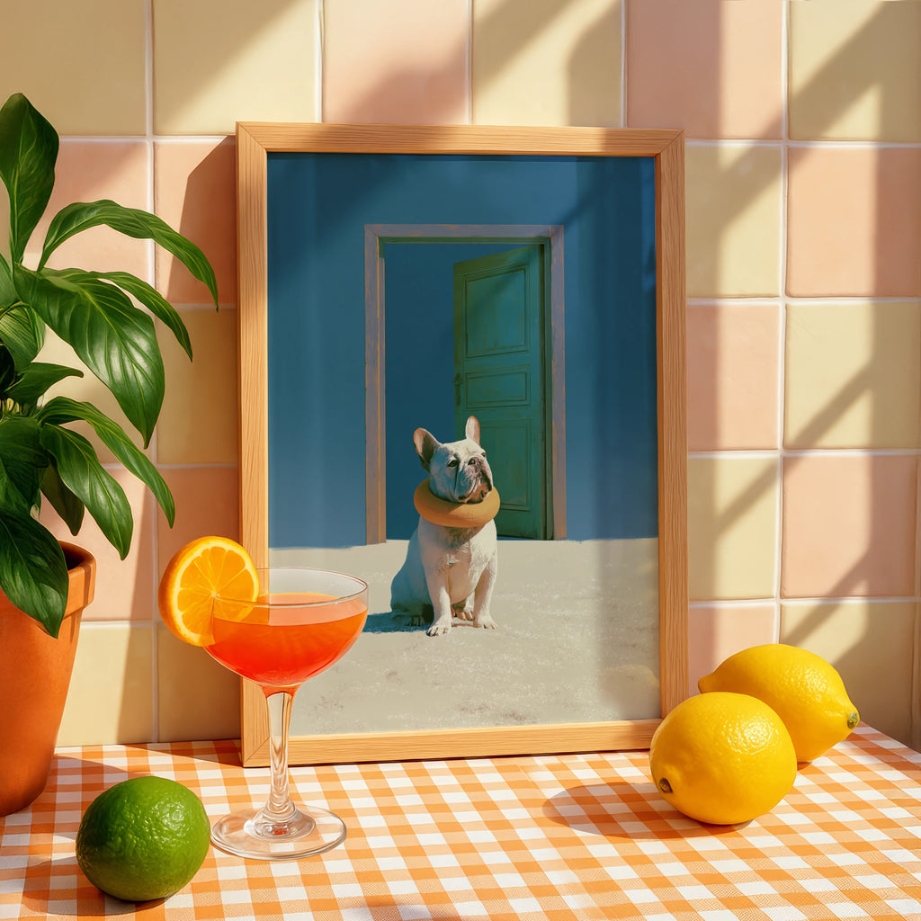 French Bulldog Beach Door Poster, Surreal Dog Art Print, Blue Sand Wall Art