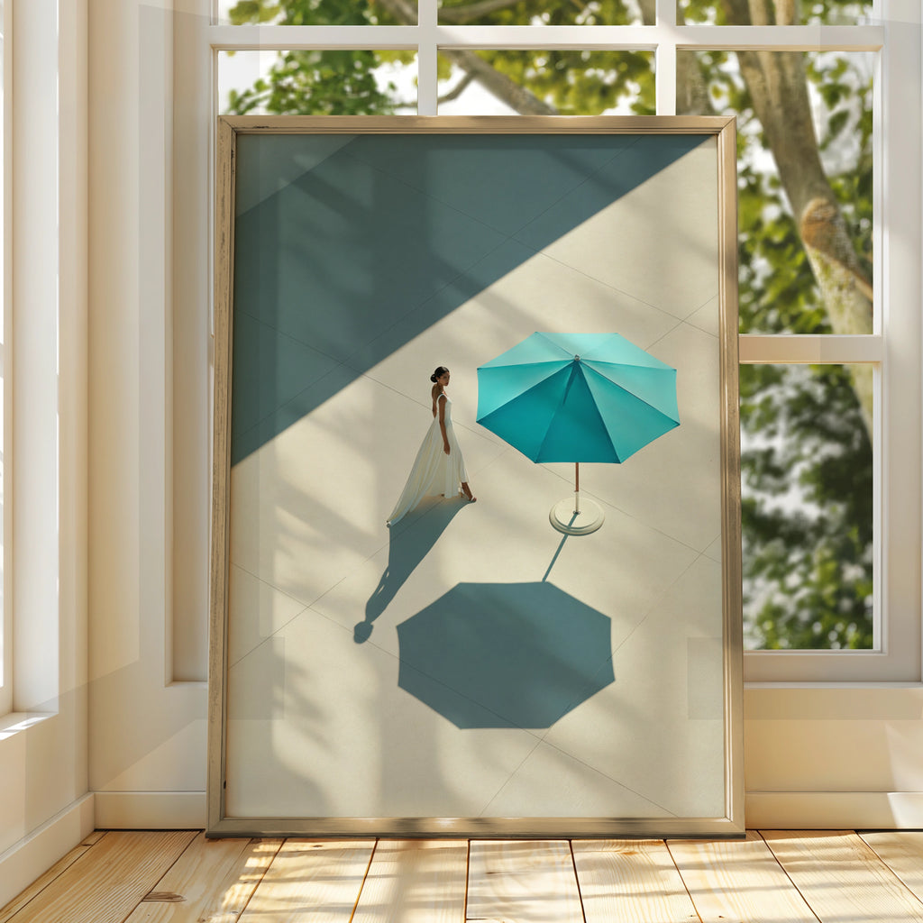 Woman White Dress Blue Parasol Poster, Minimalist Aerial Art Print