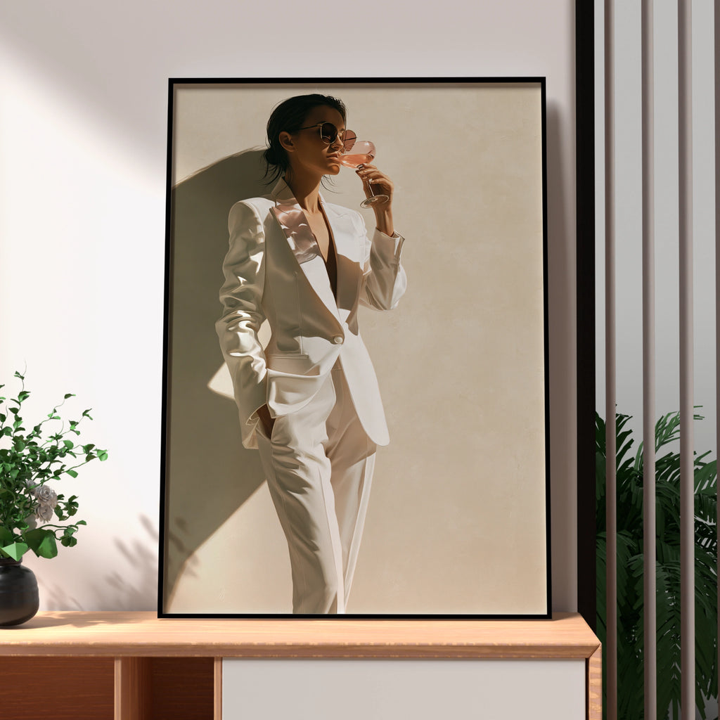 Woman White Suit Rose Wine Poster, Chic Fashion Wall Art, Minimalist Print