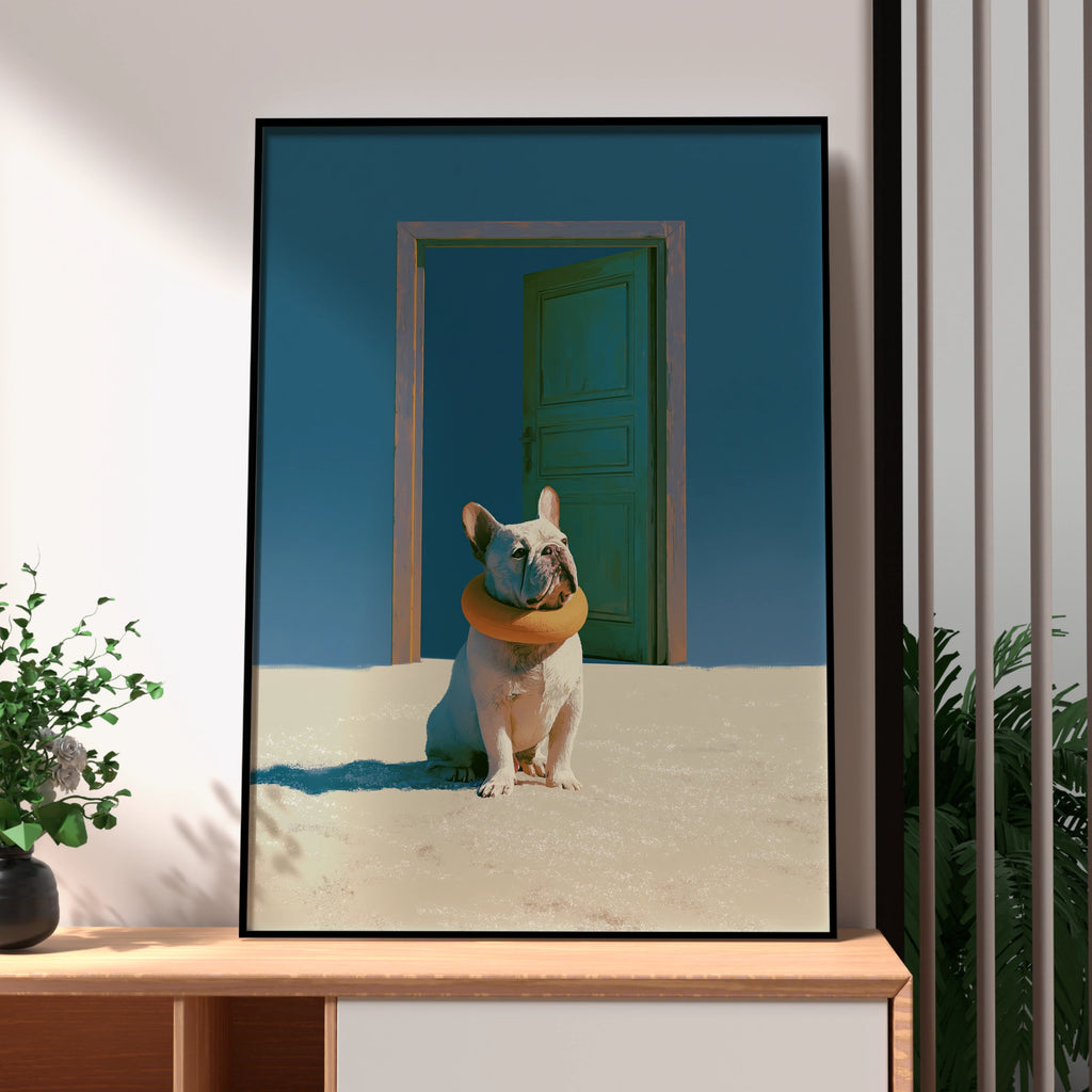 French Bulldog Beach Door Poster, Surreal Dog Art Print, Blue Sand Wall Art