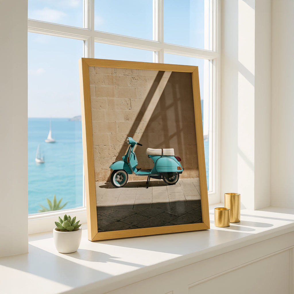 Turquoise Vespa Shadow Wall Art Poster, Italian Scooter Print, Retro Style