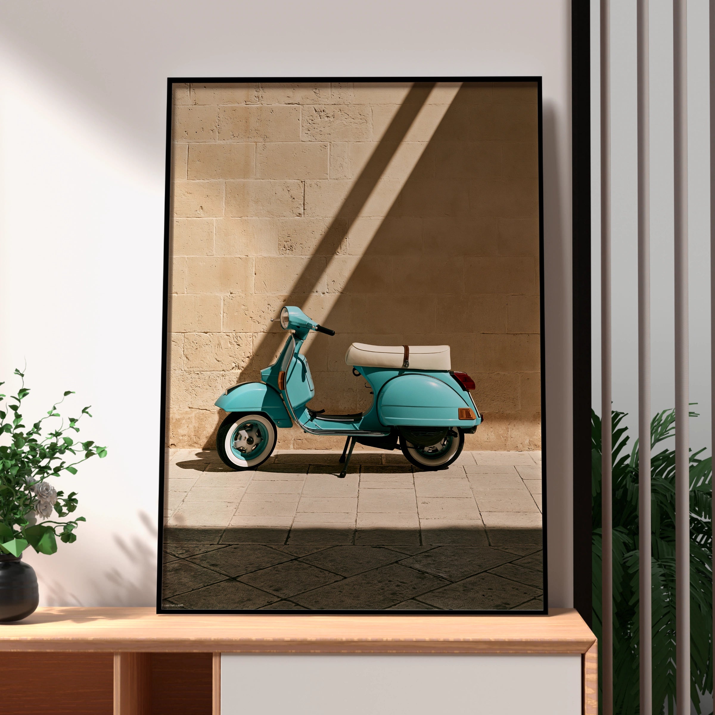 Turquoise Vespa Shadow Wall Art Poster, Italian Scooter Print, Retro Style