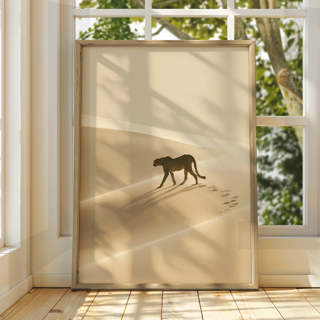 Cheetah Desert Sand Dunes Poster, African Wildlife Wall Art, Minimalist Print