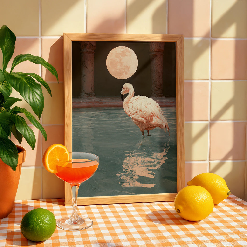 Flamingo Roman Bath Full Moon Poster, Surreal Animal Wall Art Print