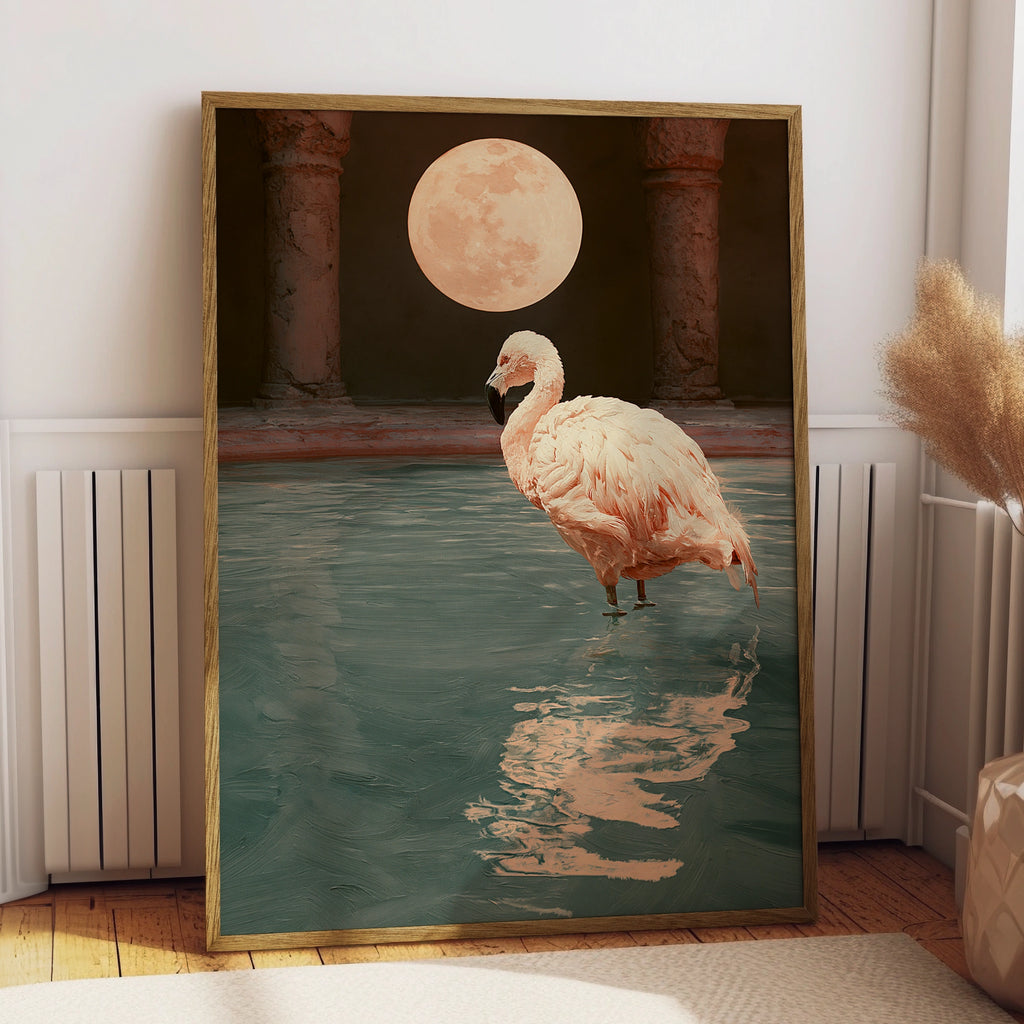 Flamingo Roman Bath Full Moon Poster, Surreal Animal Wall Art Print