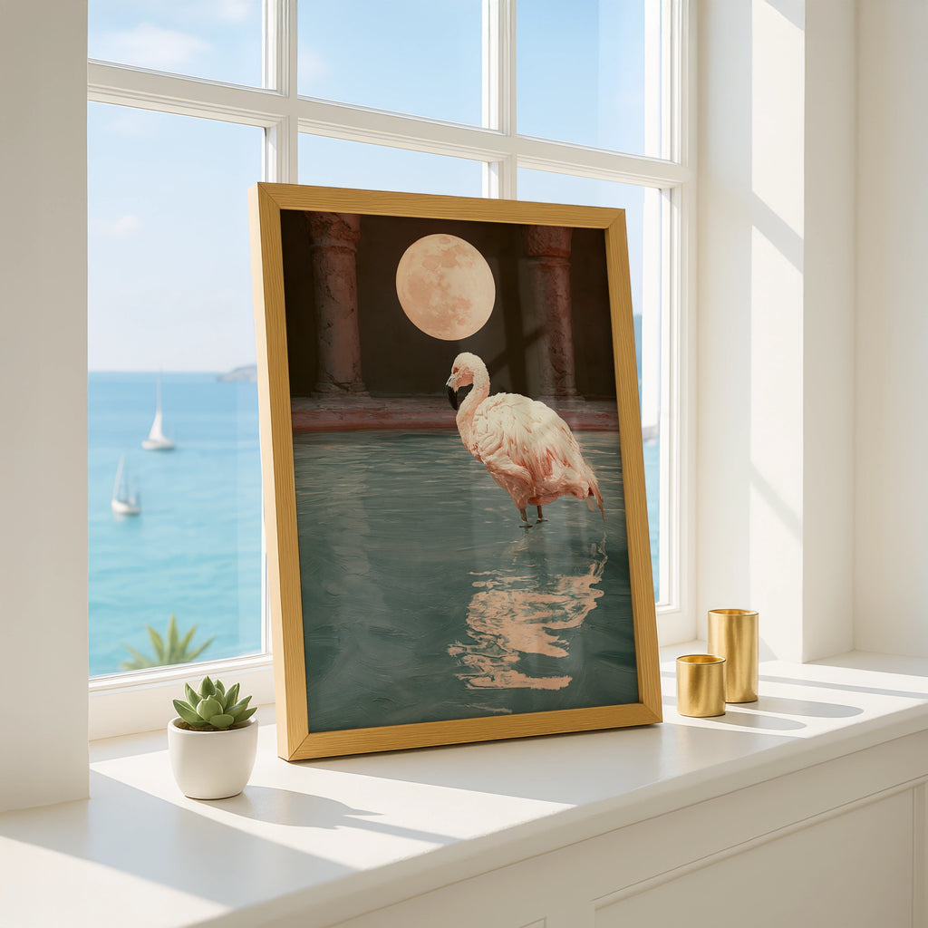 Flamingo Roman Bath Full Moon Poster, Surreal Animal Wall Art Print