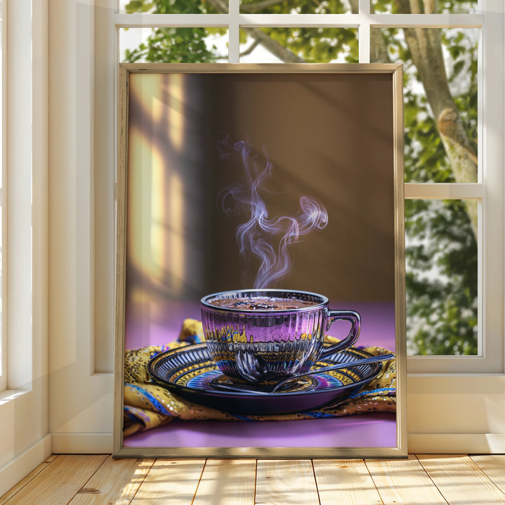 Steaming Espresso Cup Poster, Trippy Coffee Art Print, Purple Gold