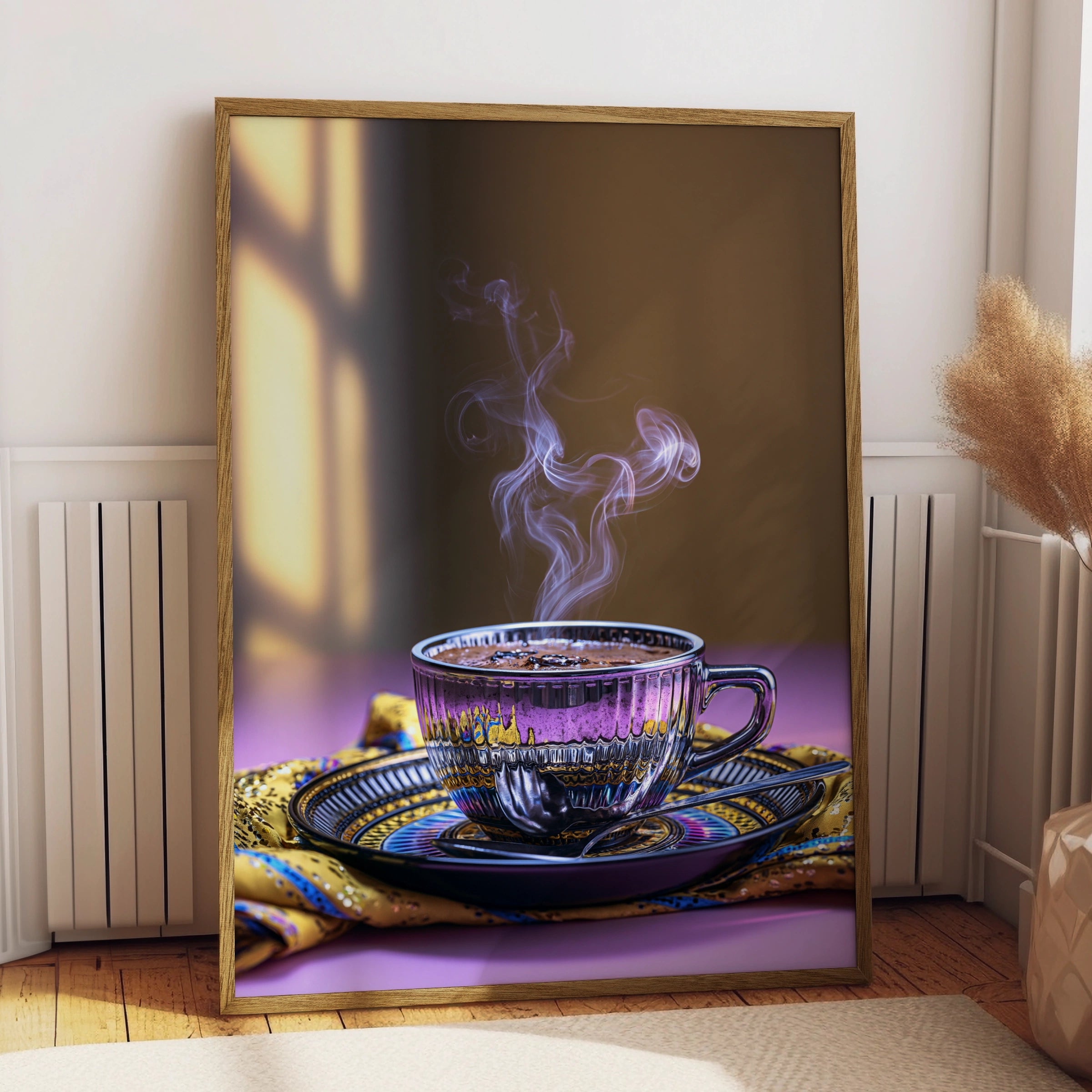 Steaming Espresso Cup Poster, Trippy Coffee Art Print, Purple Gold