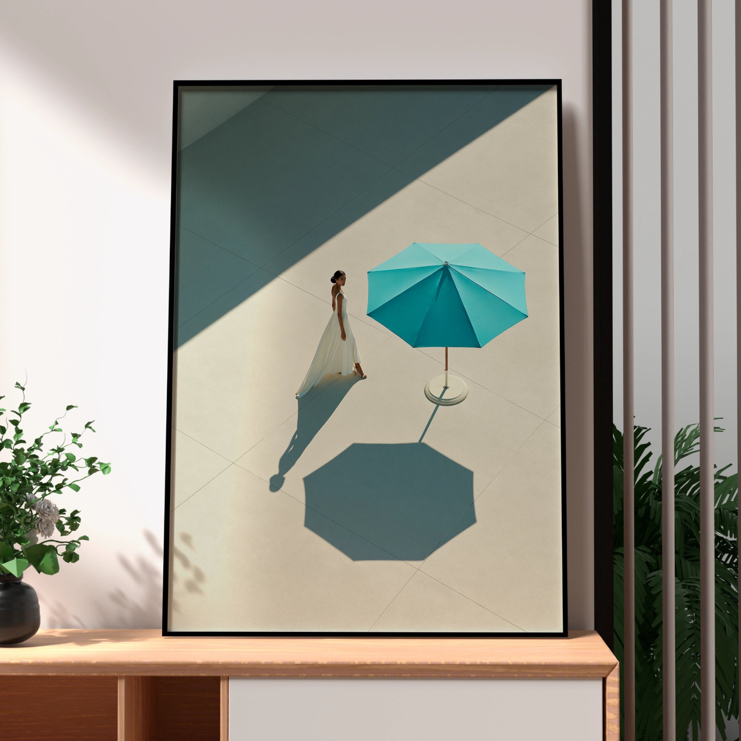 Woman White Dress Blue Parasol Poster, Minimalist Aerial Art Print