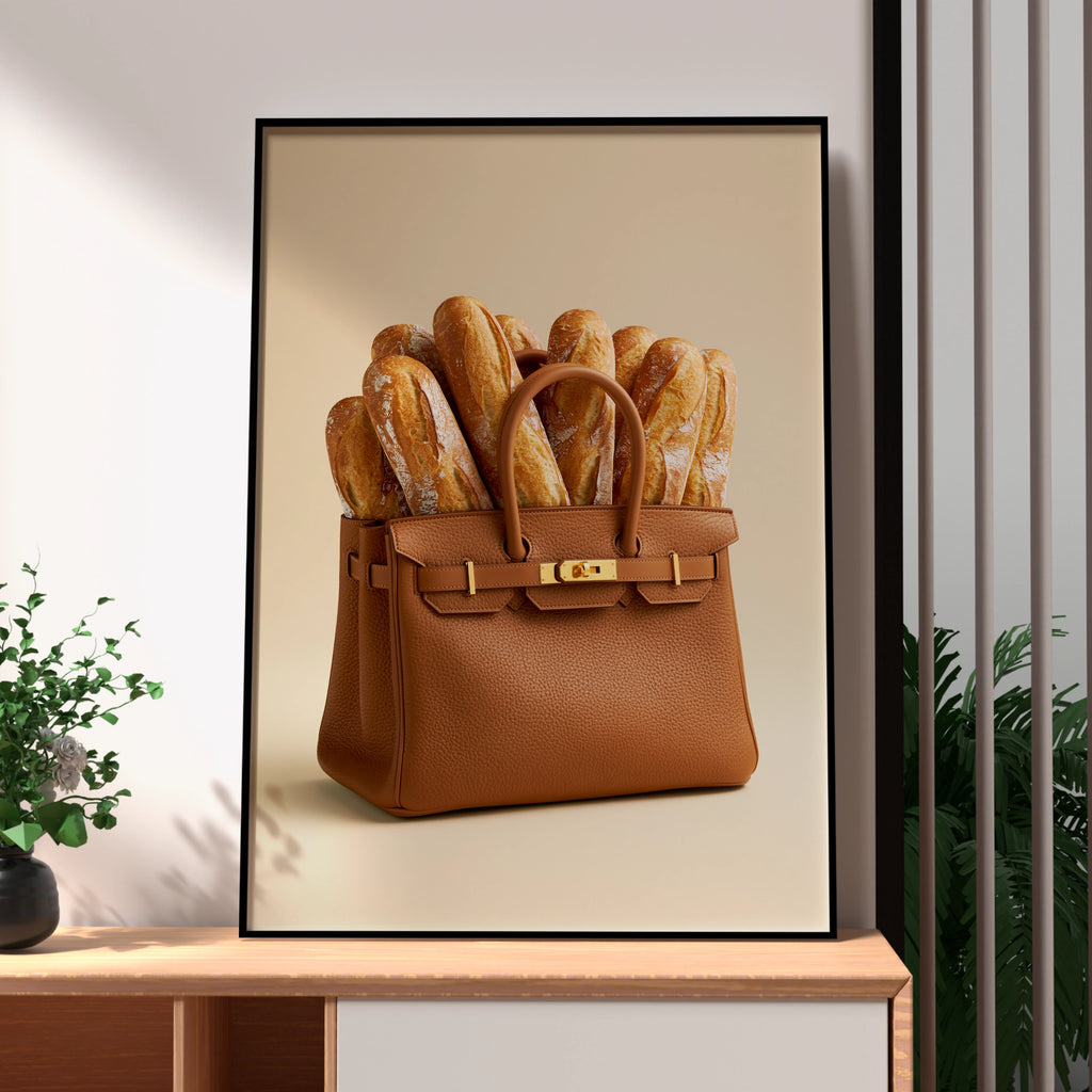 Baguette Bag Poster, Luxury Handbag French Bread Art Print, Funny Fashion Wall Art