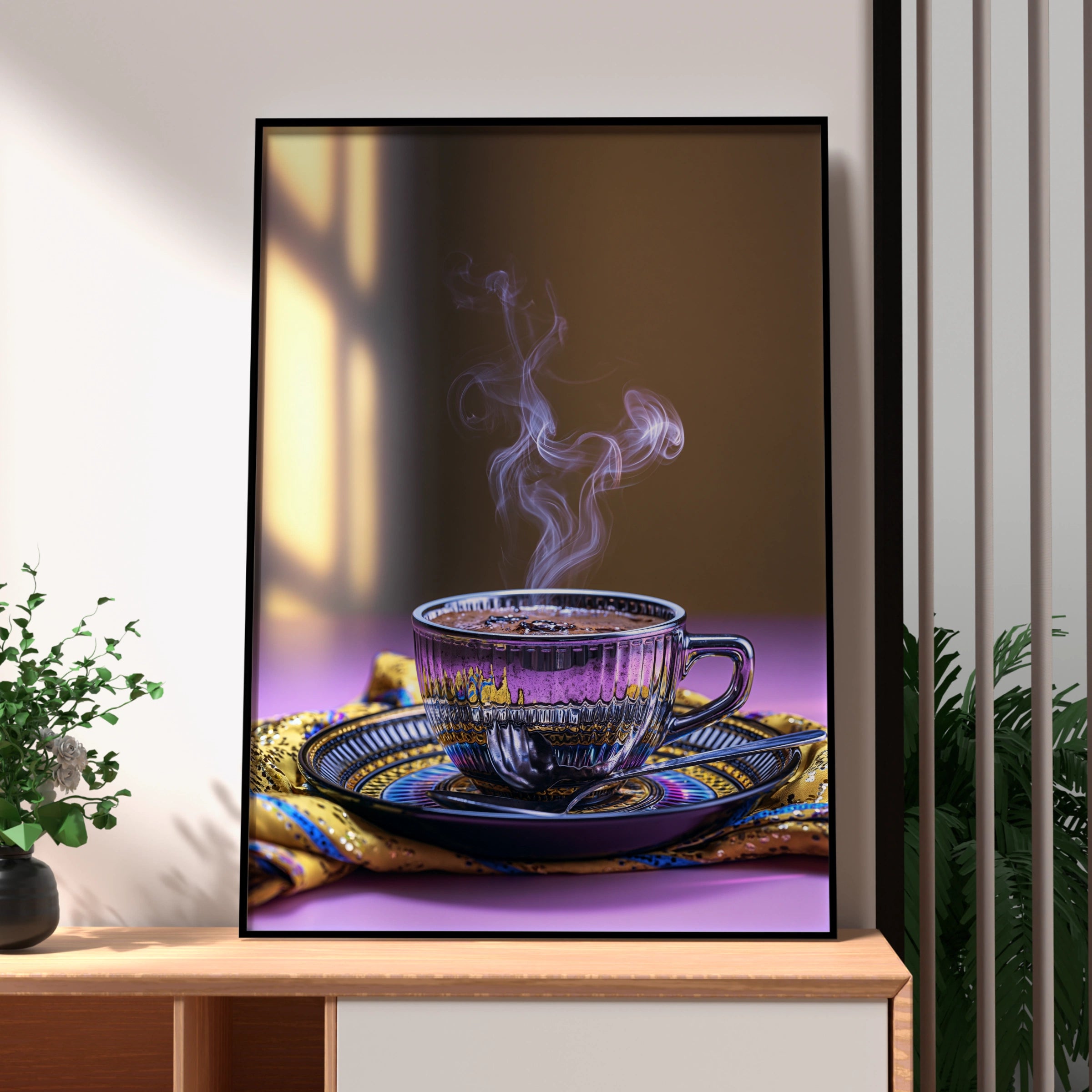 Steaming Espresso Cup Poster, Trippy Coffee Art Print, Purple Gold