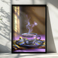 Steaming Espresso Cup Poster, Trippy Coffee Art Print, Purple Gold