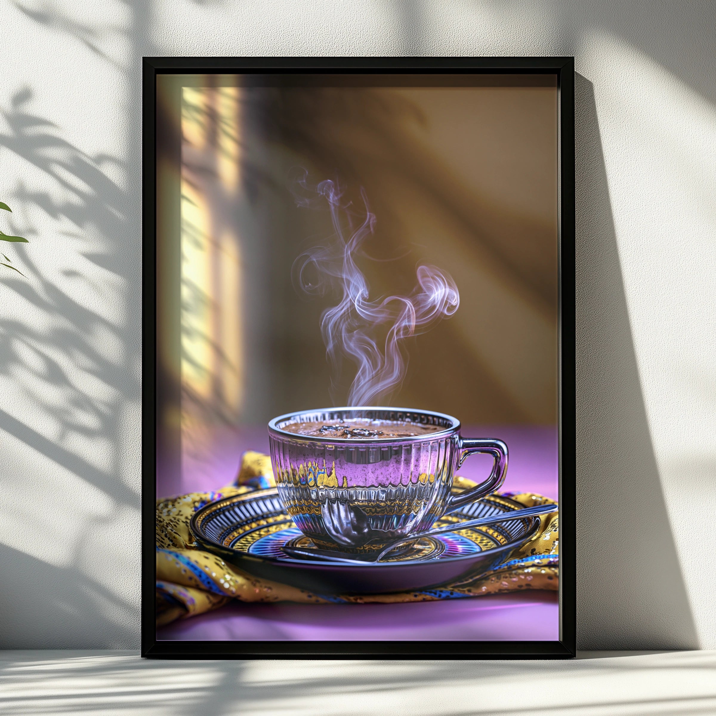Steaming Espresso Cup Poster, Trippy Coffee Art Print, Purple Gold