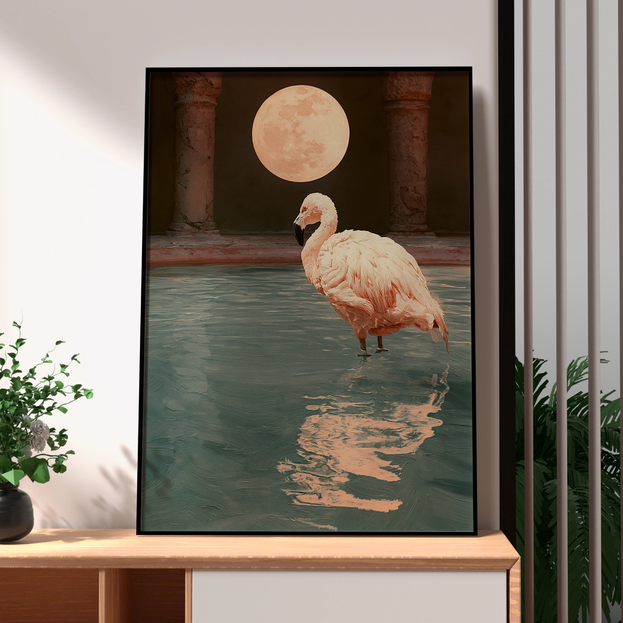 Flamingo Roman Bath Full Moon Poster, Surreal Animal Wall Art Print