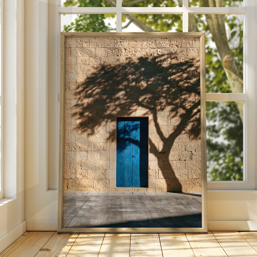 Blue Door Tree Shadow Stone Wall Poster, Mediterranean Architecture Print