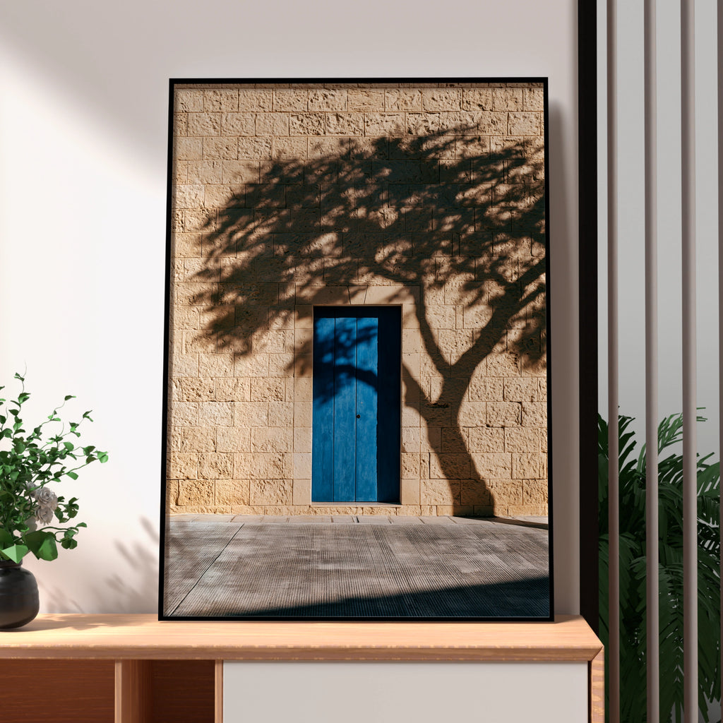 Blue Door Tree Shadow Stone Wall Poster, Mediterranean Architecture Print