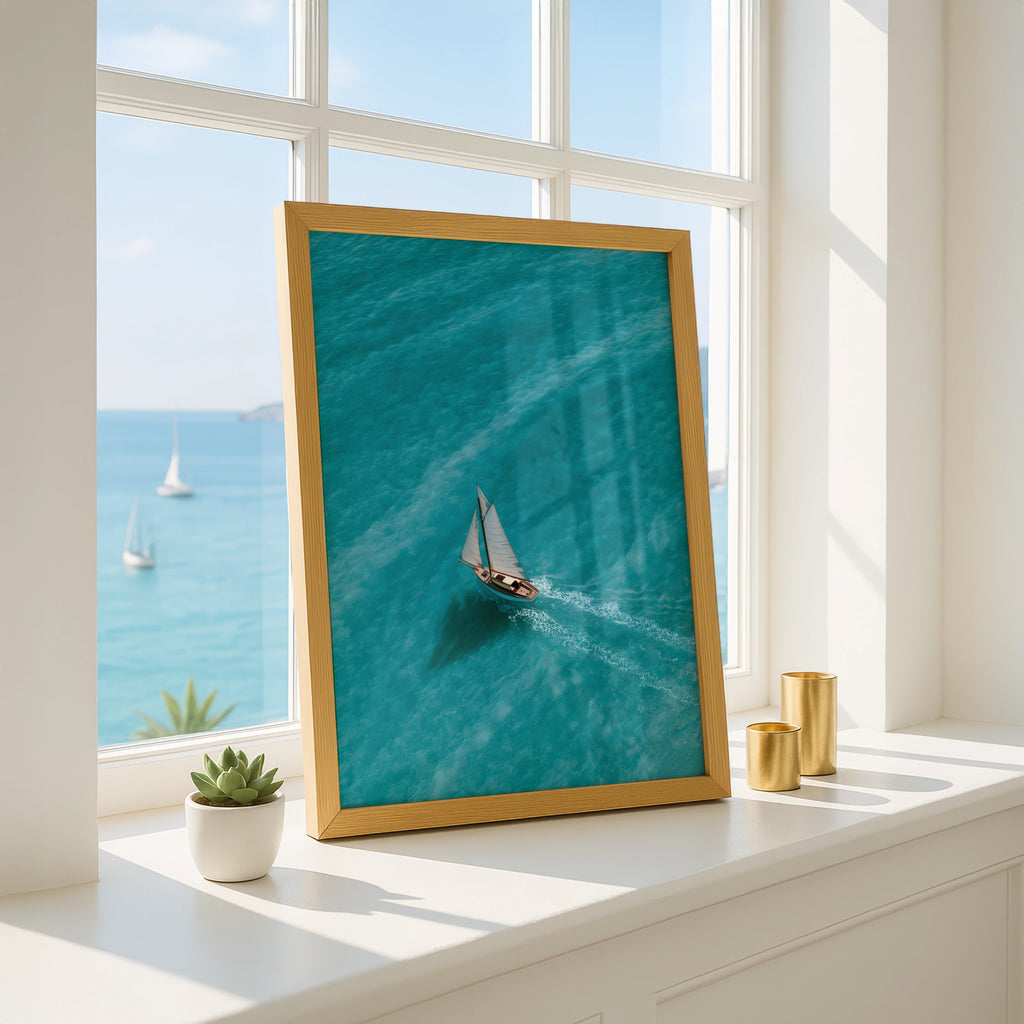 Sailboat Clear Turquoise Sea Poster, Aerial Ocean Wall Art, Nautical Print