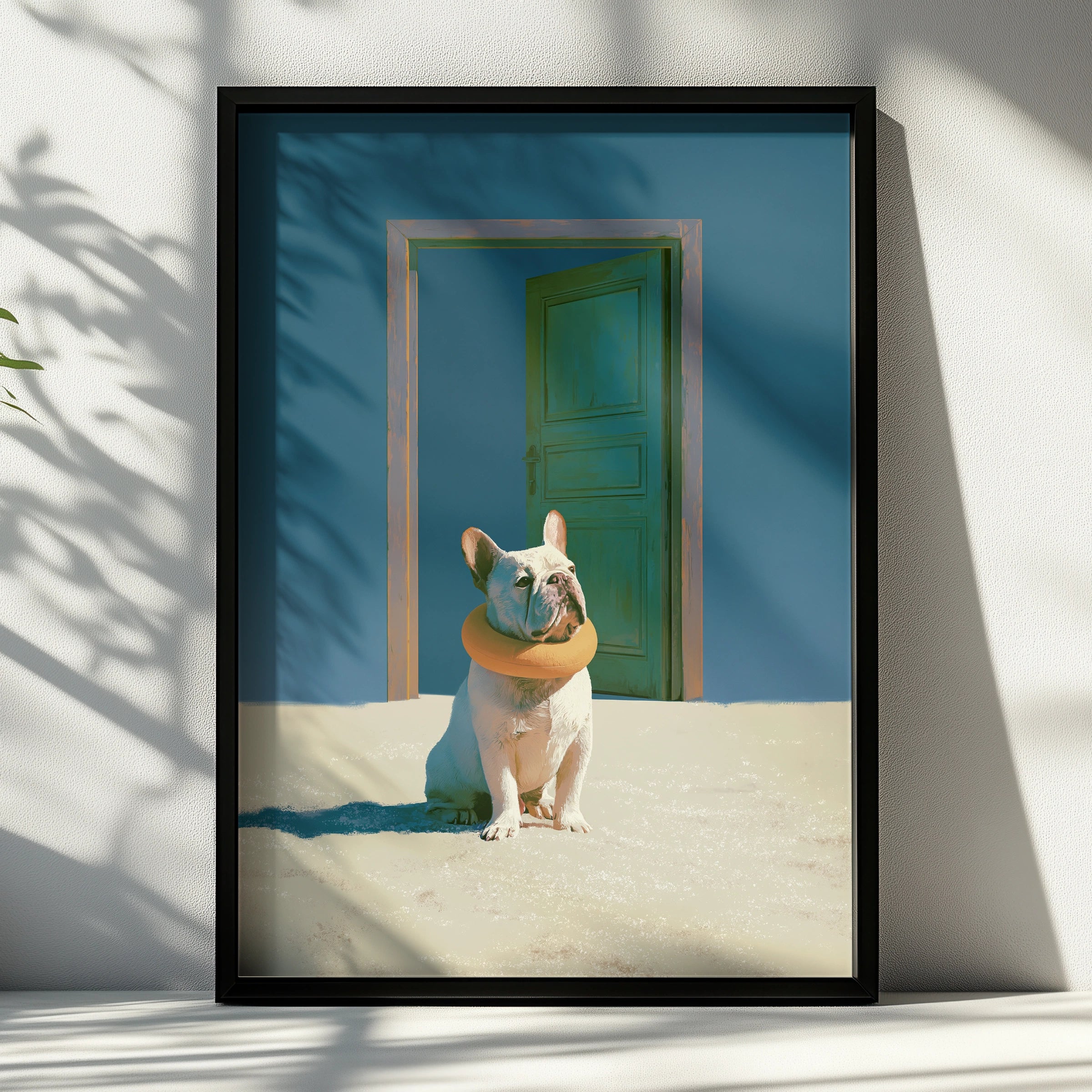 French Bulldog Beach Door Poster, Surreal Dog Art Print, Blue Sand Wall Art