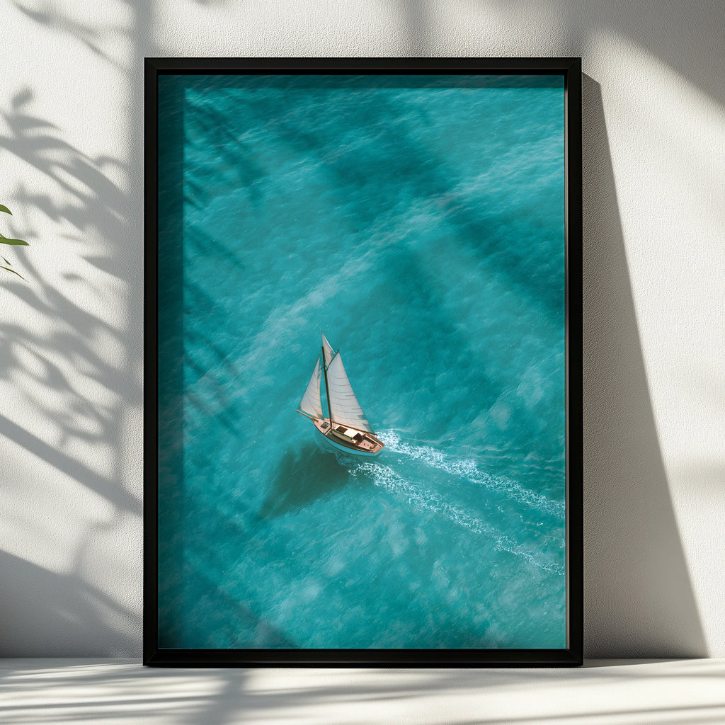 Sailboat Clear Turquoise Sea Poster, Aerial Ocean Wall Art, Nautical Print
