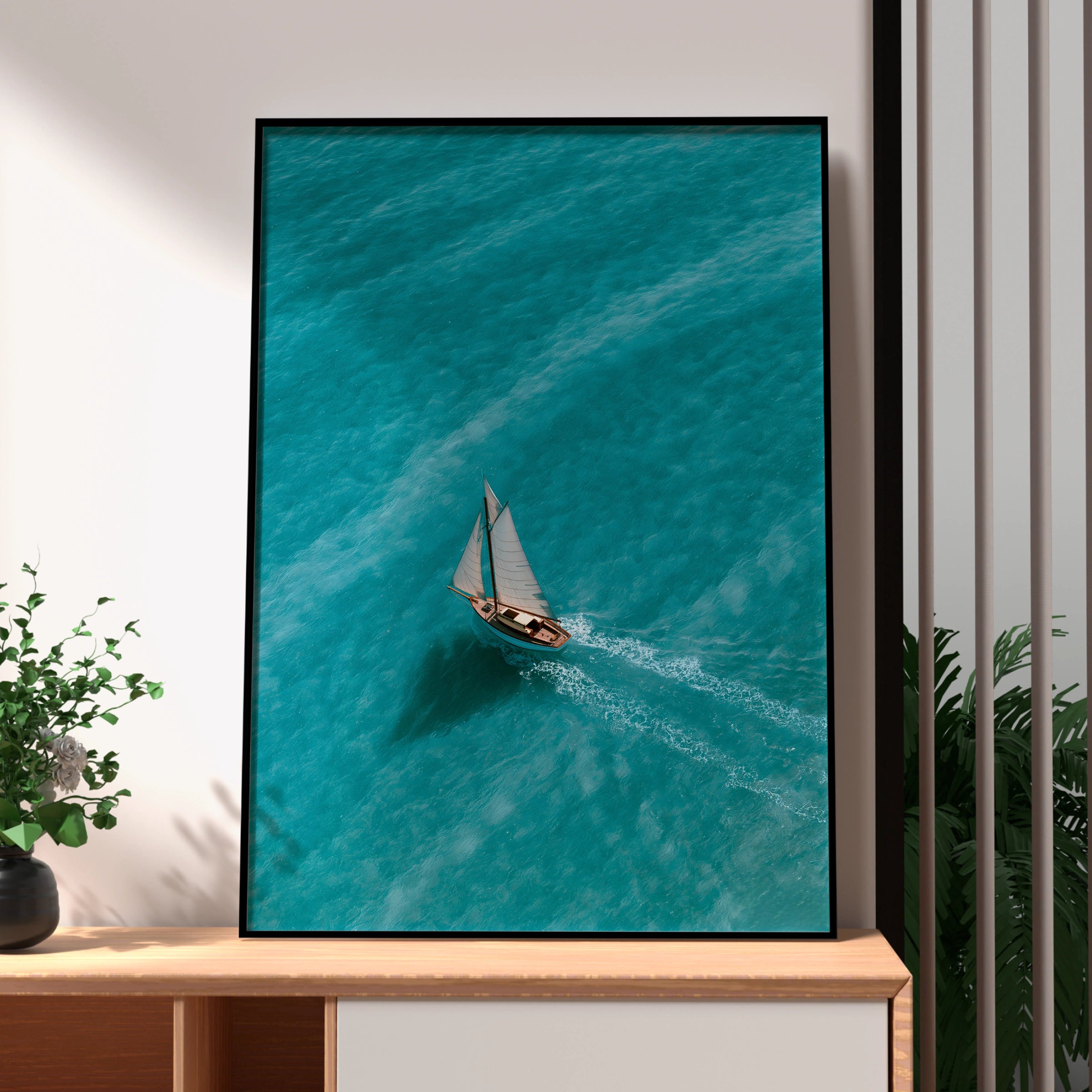 Sailboat Clear Turquoise Sea Poster, Aerial Ocean Wall Art, Nautical Print