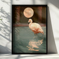 Flamingo Roman Bath Full Moon Poster, Surreal Animal Wall Art Print