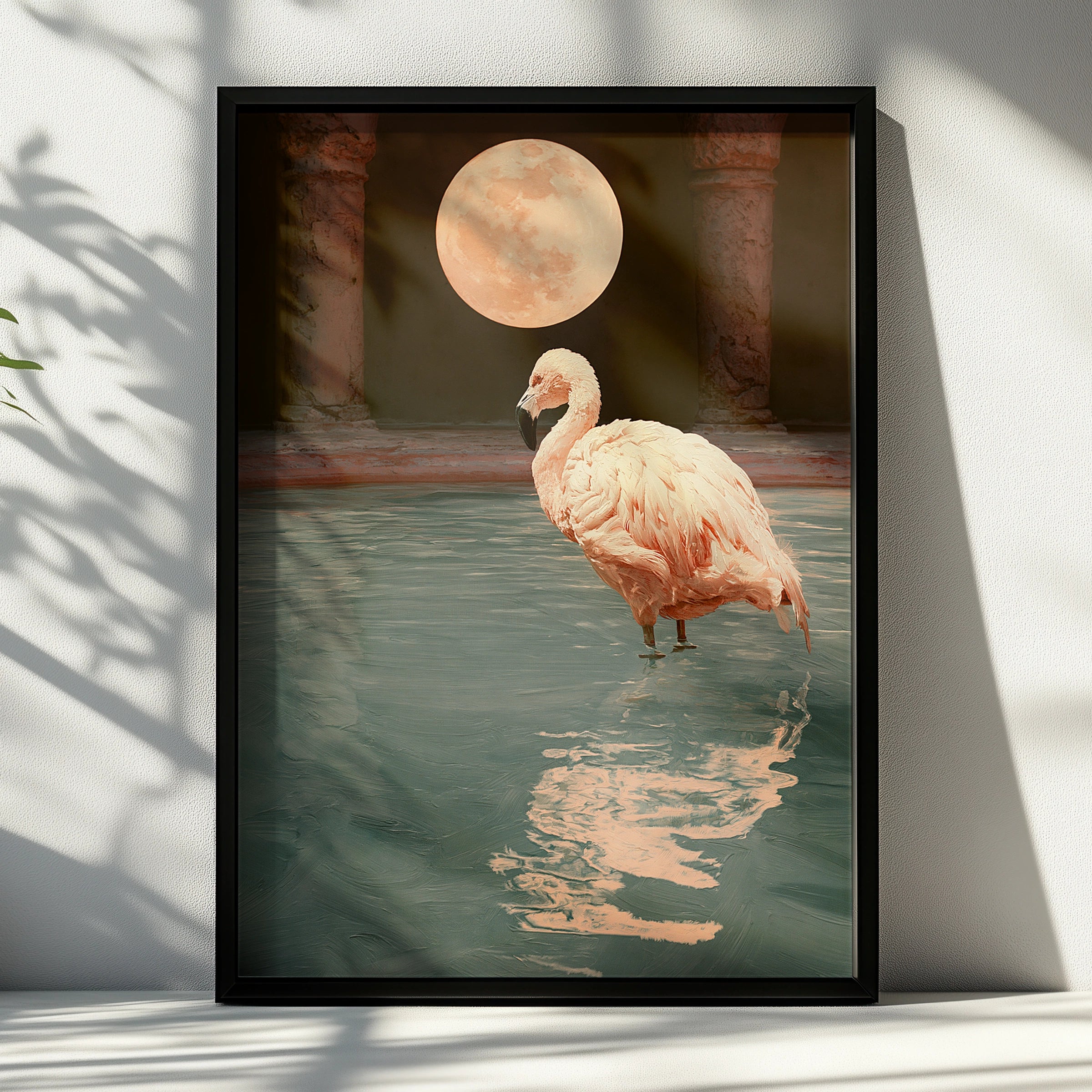 Flamingo Roman Bath Full Moon Poster, Surreal Animal Wall Art Print