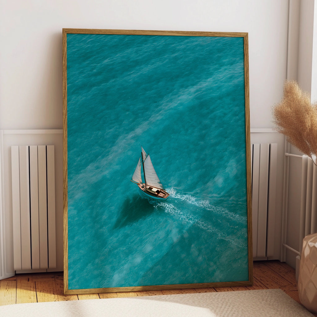 Sailboat Clear Turquoise Sea Poster, Aerial Ocean Wall Art, Nautical Print