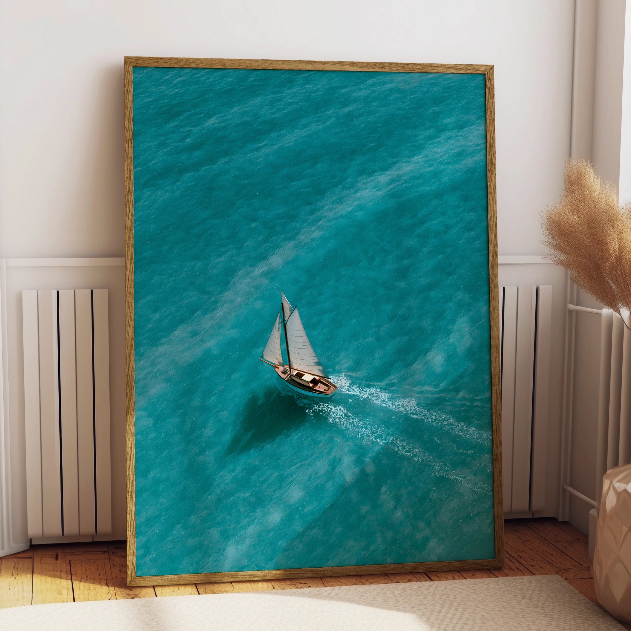 Sailboat Clear Turquoise Sea Poster, Aerial Ocean Wall Art, Nautical Print