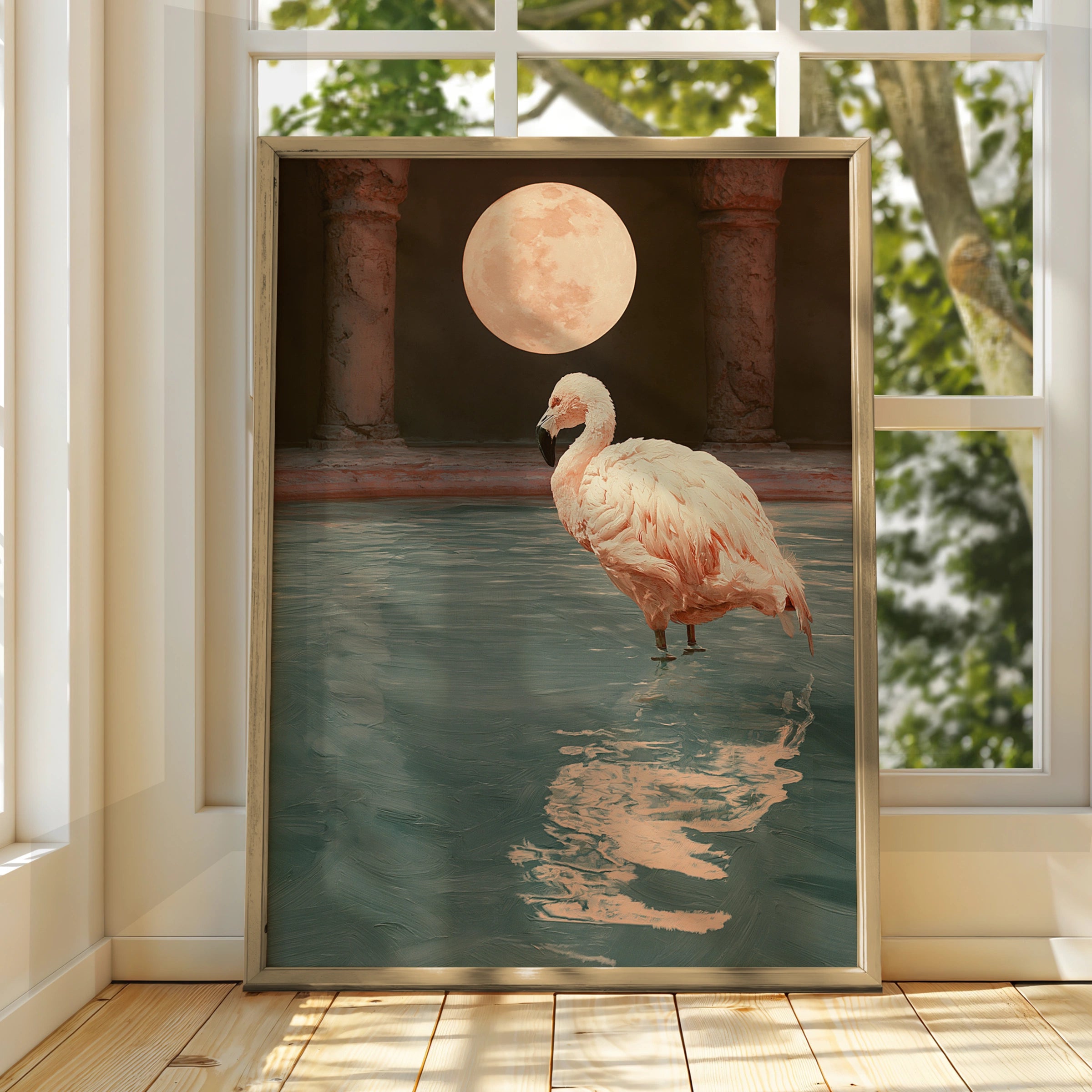 Flamingo Roman Bath Full Moon Poster, Surreal Animal Wall Art Print