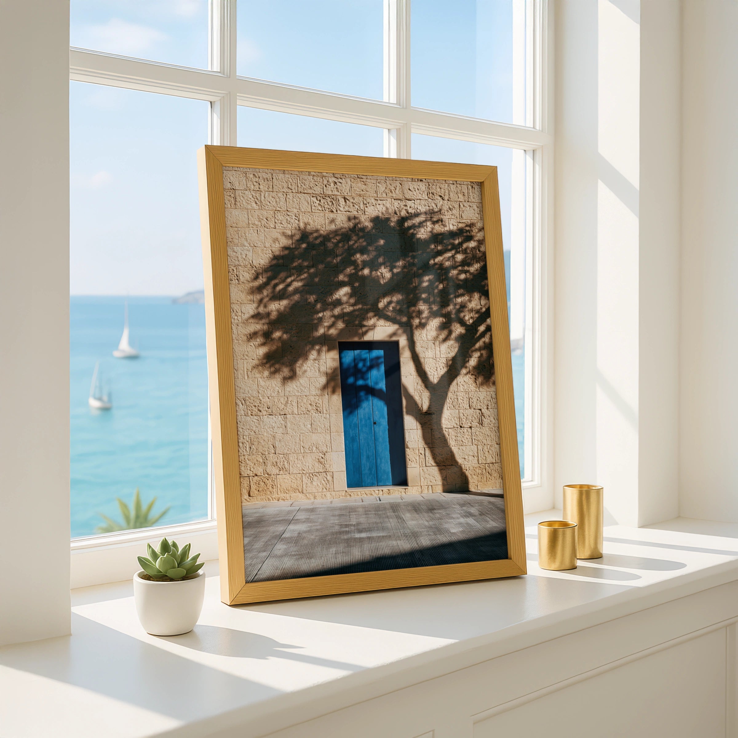 Blue Door Tree Shadow Stone Wall Poster, Mediterranean Architecture Print