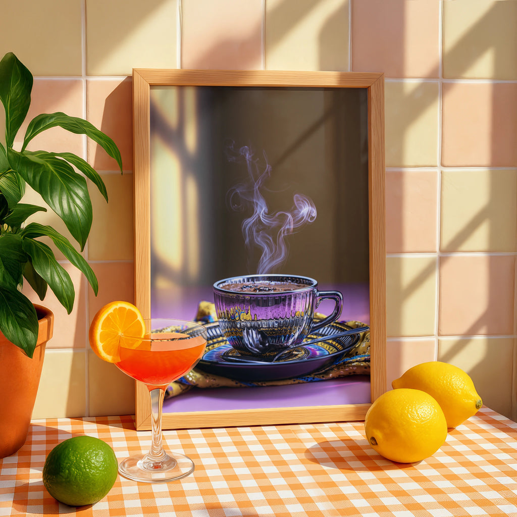 Steaming Espresso Cup Poster, Trippy Coffee Art Print, Purple Gold