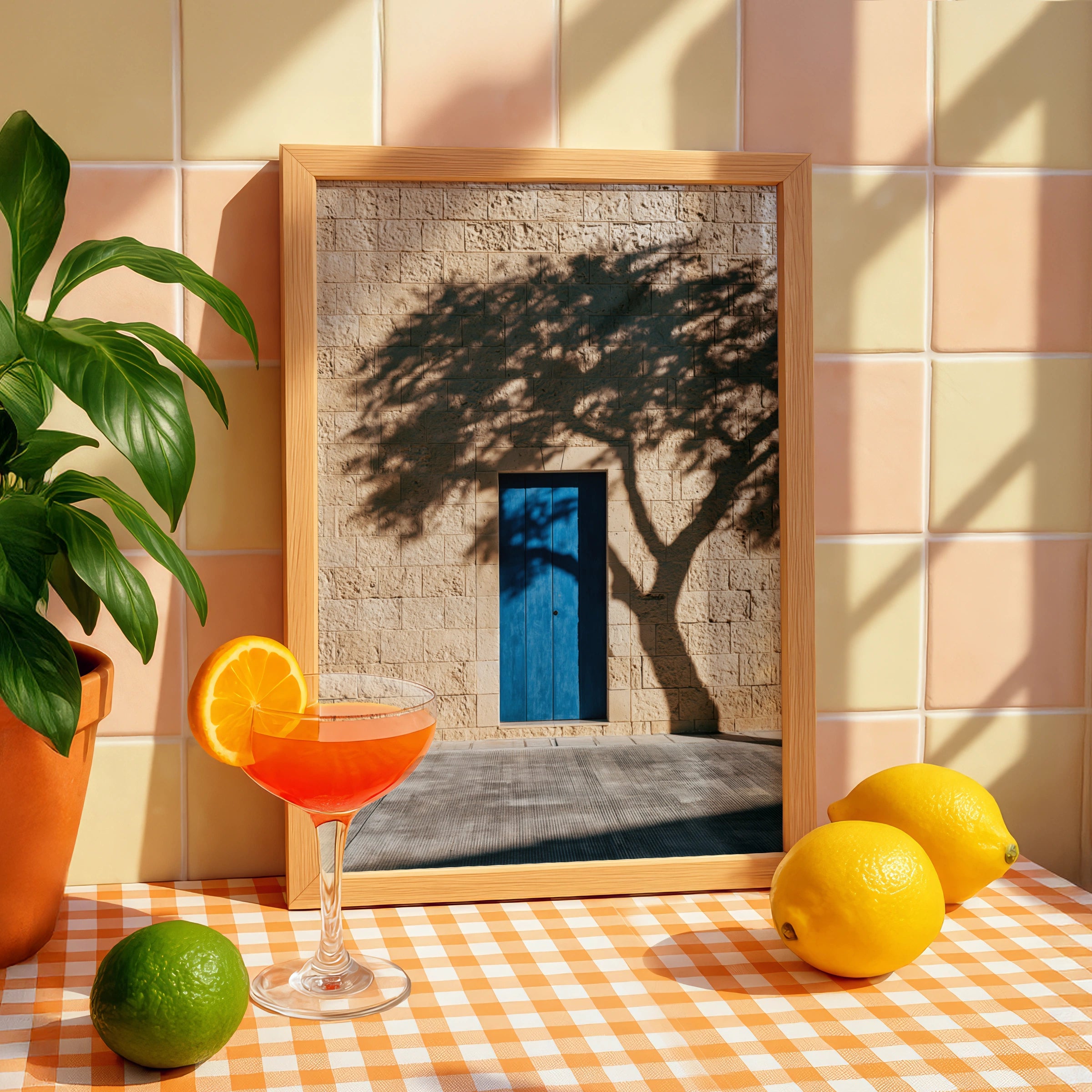 Blue Door Tree Shadow Stone Wall Poster, Mediterranean Architecture Print