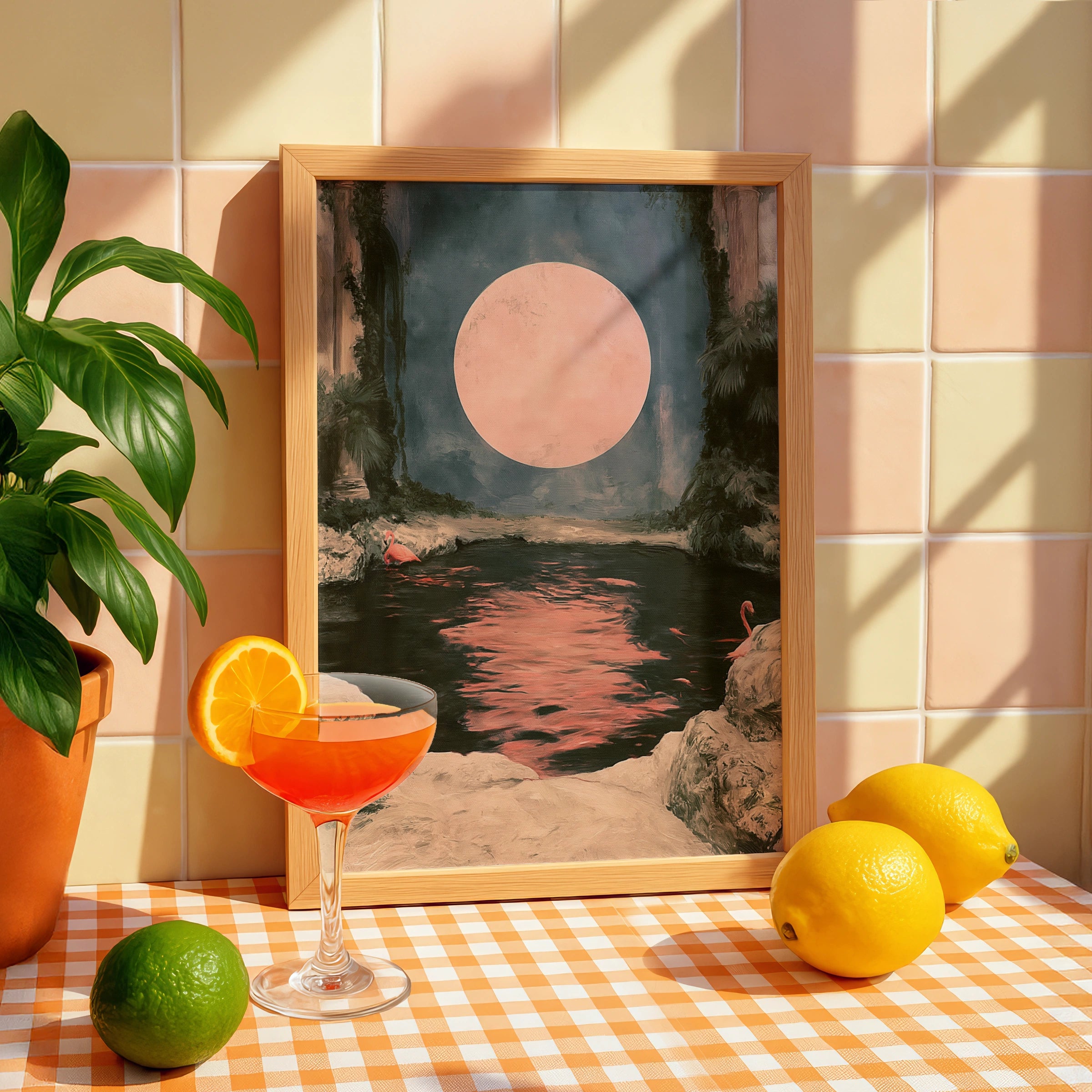 Pink Moon Flamingo Poster, Moody Tropical Night Scene, Romantic Wall Art