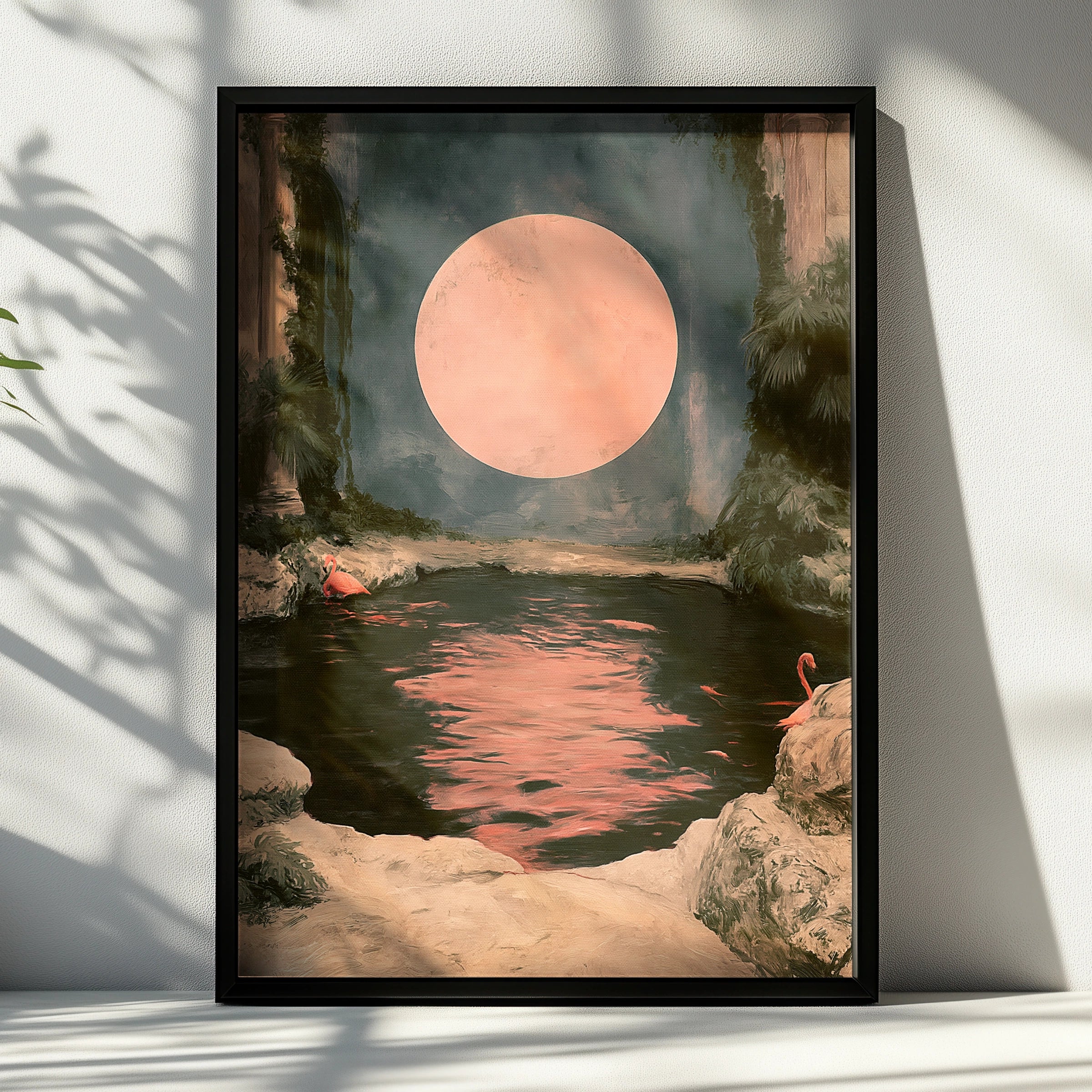 Pink Moon Flamingo Poster, Moody Tropical Night Scene, Romantic Wall Art