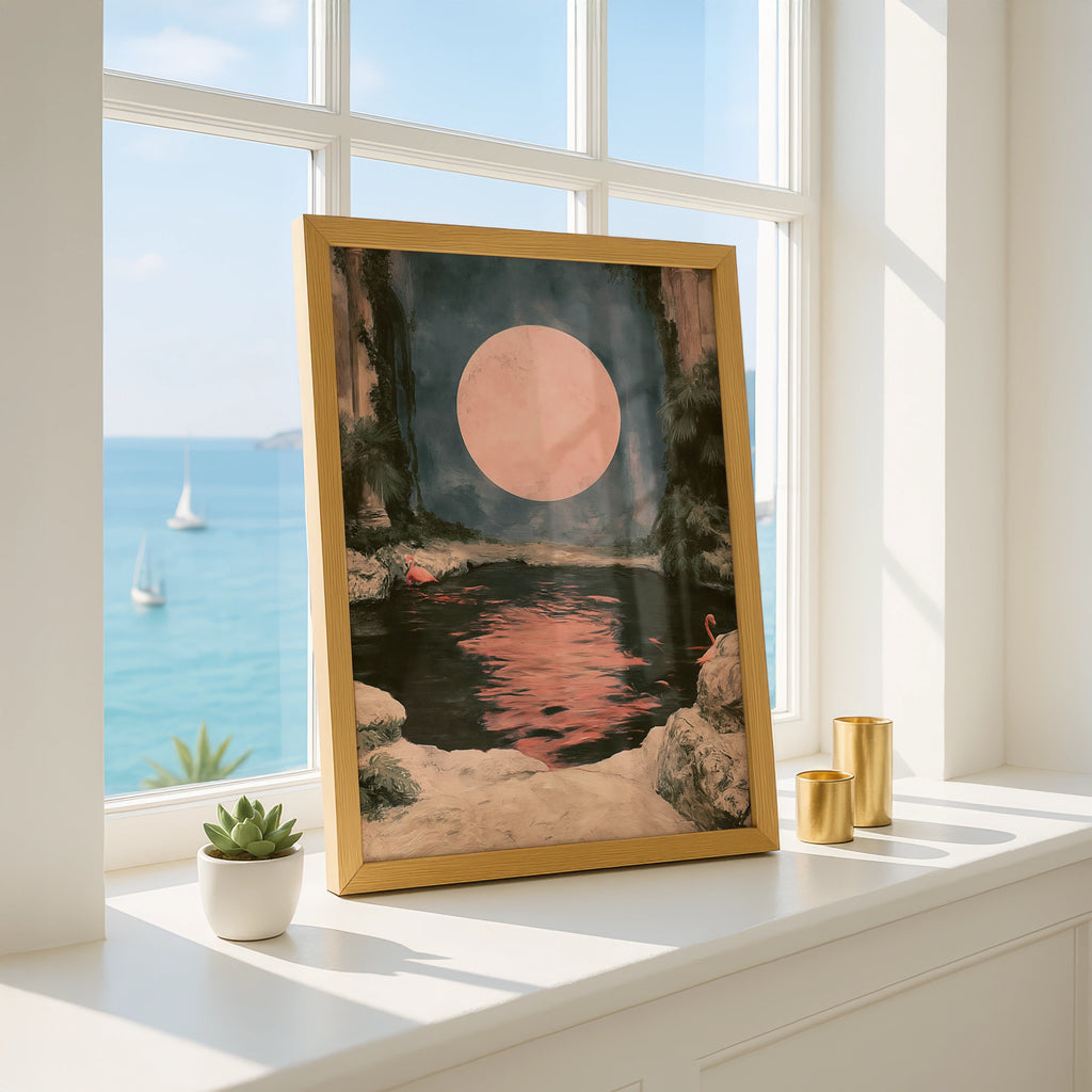 Pink Moon Flamingo Poster, Moody Tropical Night Scene, Romantic Wall Art
