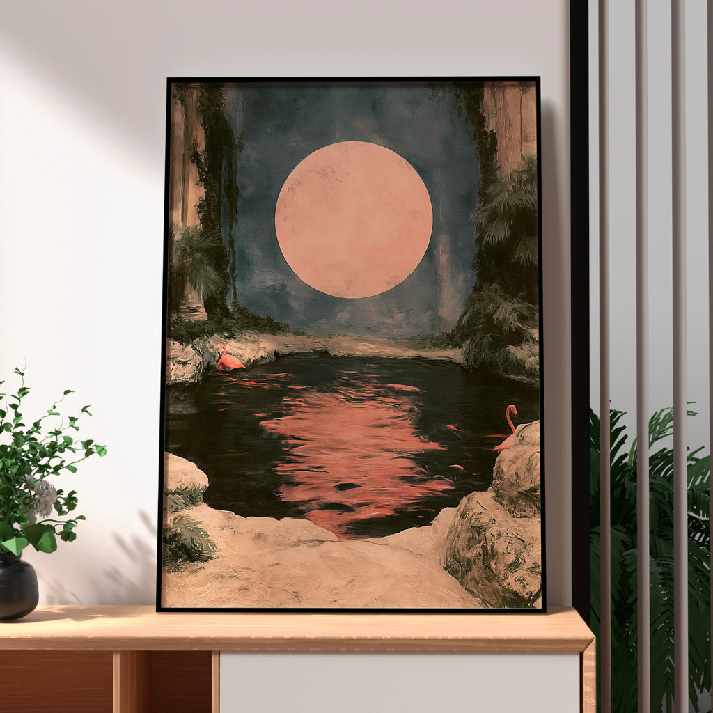 Pink Moon Flamingo Poster, Moody Tropical Night Scene, Romantic Wall Art