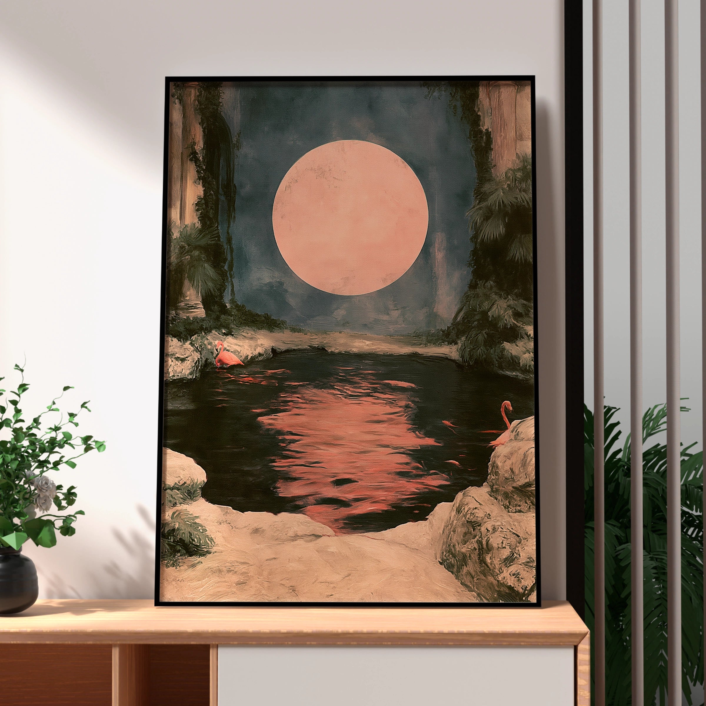 Pink Moon Flamingo Poster, Moody Tropical Night Scene, Romantic Wall Art