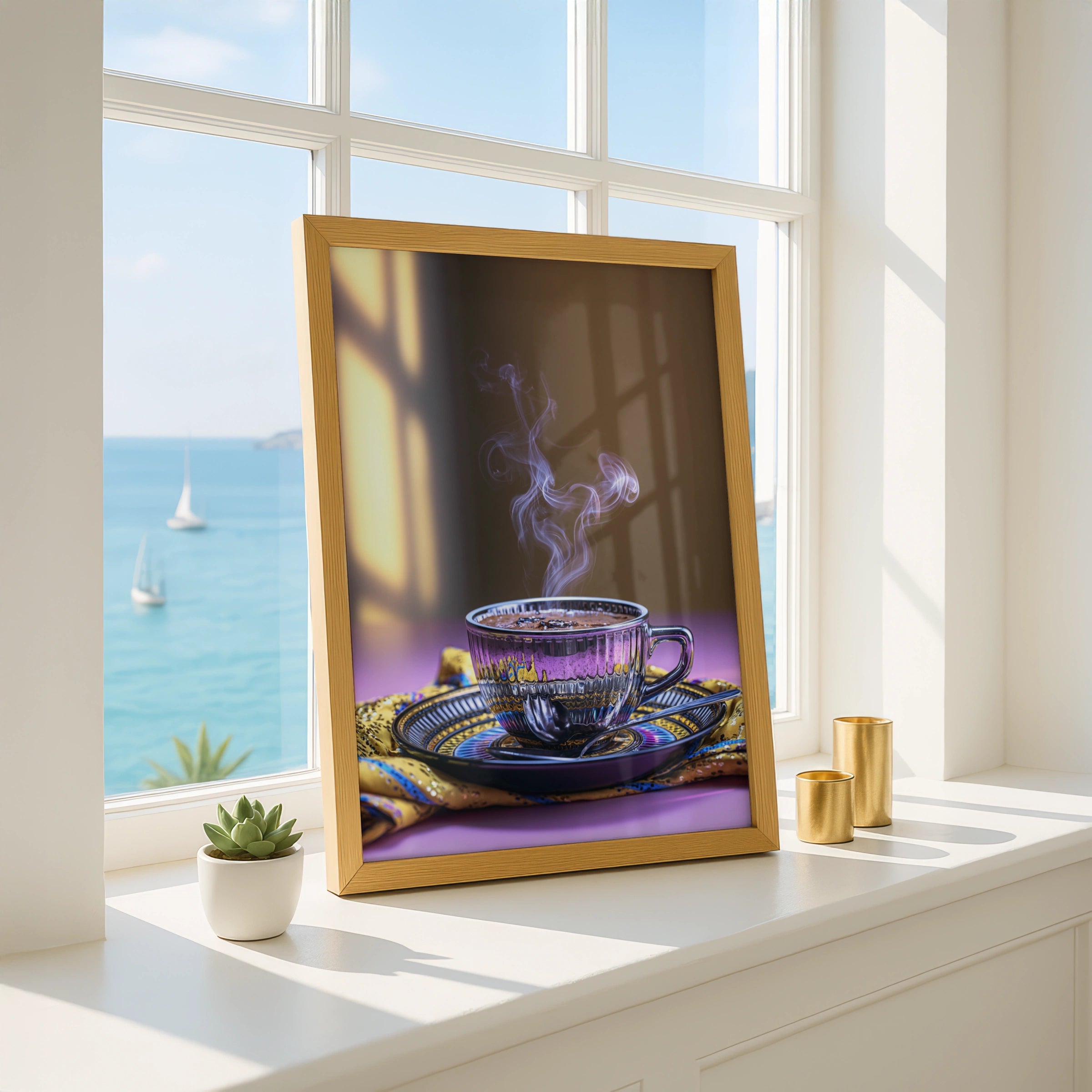 Steaming Espresso Cup Poster, Trippy Coffee Art Print, Purple Gold