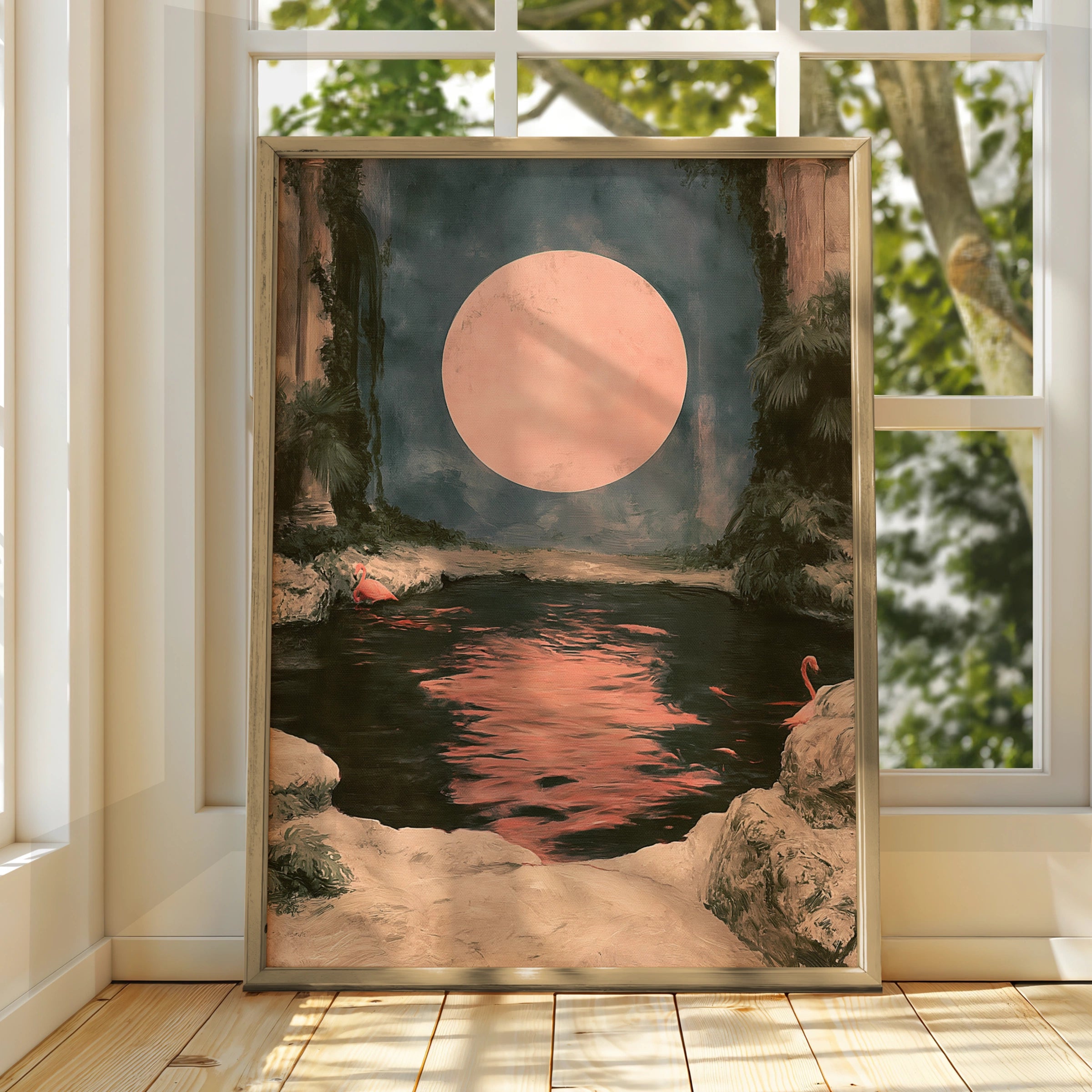 Pink Moon Flamingo Poster, Moody Tropical Night Scene, Romantic Wall Art