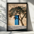Blue Door Tree Shadow Stone Wall Poster, Mediterranean Architecture Print