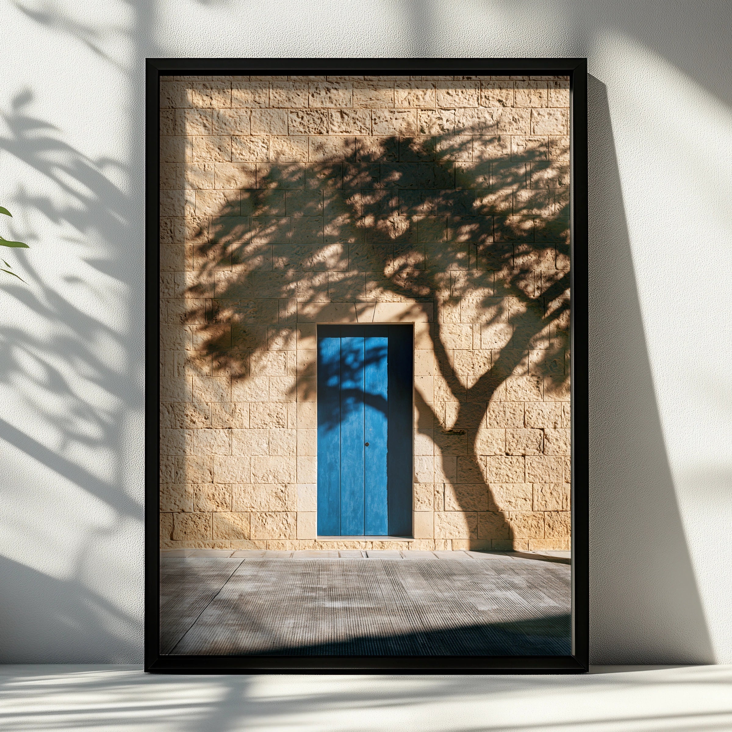 Blue Door Tree Shadow Stone Wall Poster, Mediterranean Architecture Print