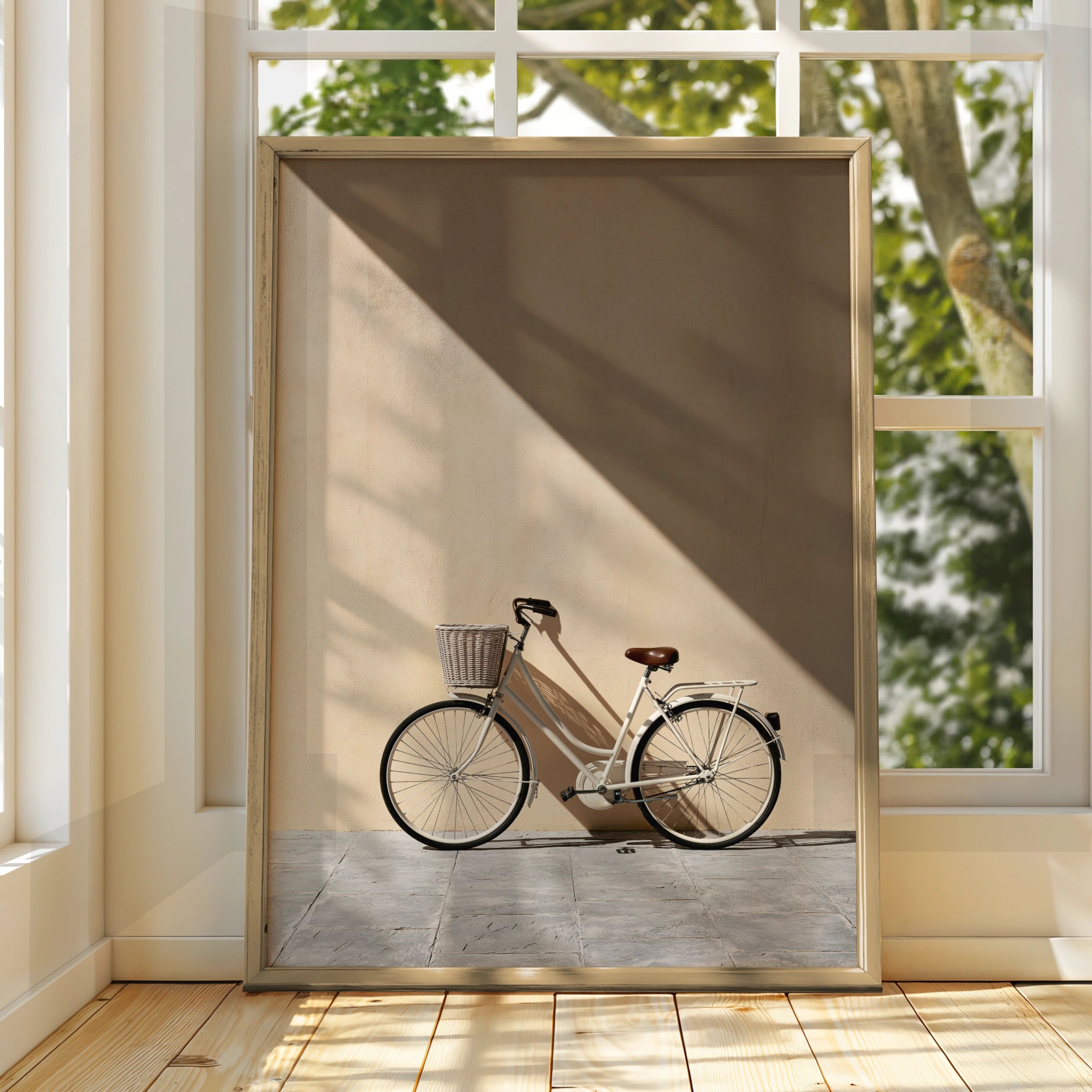 Vintage Bicycle Sun Shadow Wall Art Poster, Minimalist Beige Photography Print