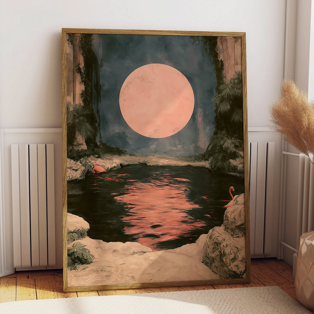 Pink Moon Flamingo Poster, Moody Tropical Night Scene, Romantic Wall Art