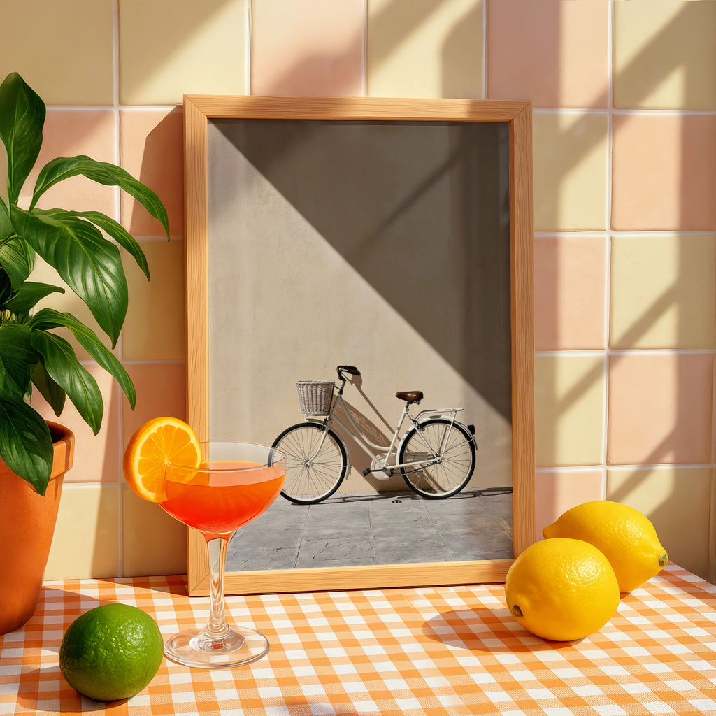 Vintage Bicycle Sun Shadow Wall Art Poster, Minimalist Beige Photography Print
