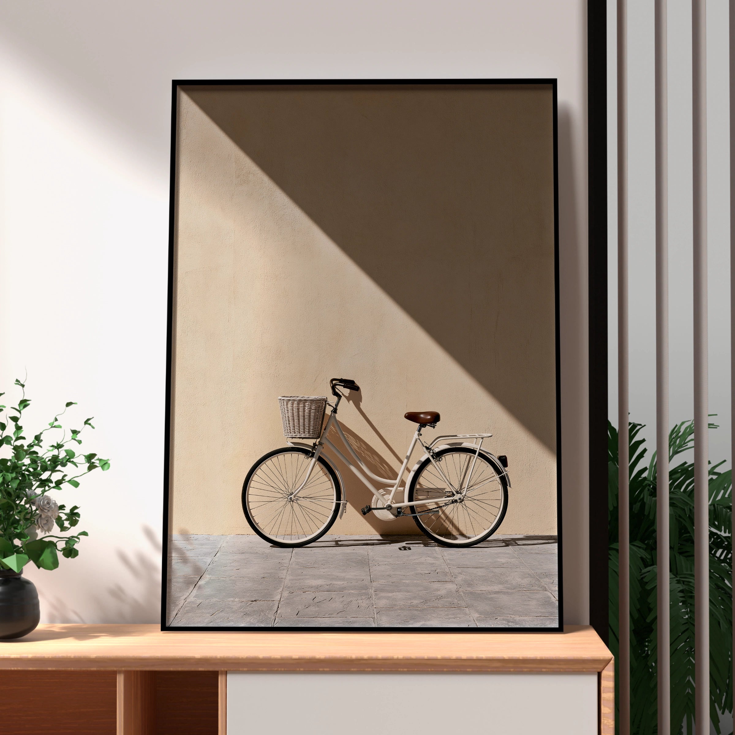 Vintage Bicycle Sun Shadow Wall Art Poster, Minimalist Beige Photography Print