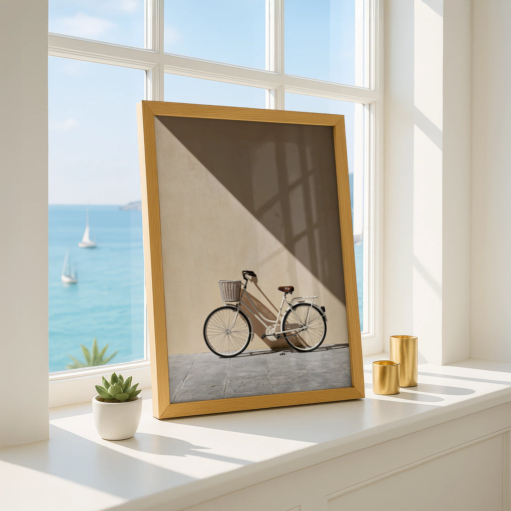 Vintage Bicycle Sun Shadow Wall Art Poster, Minimalist Beige Photography Print