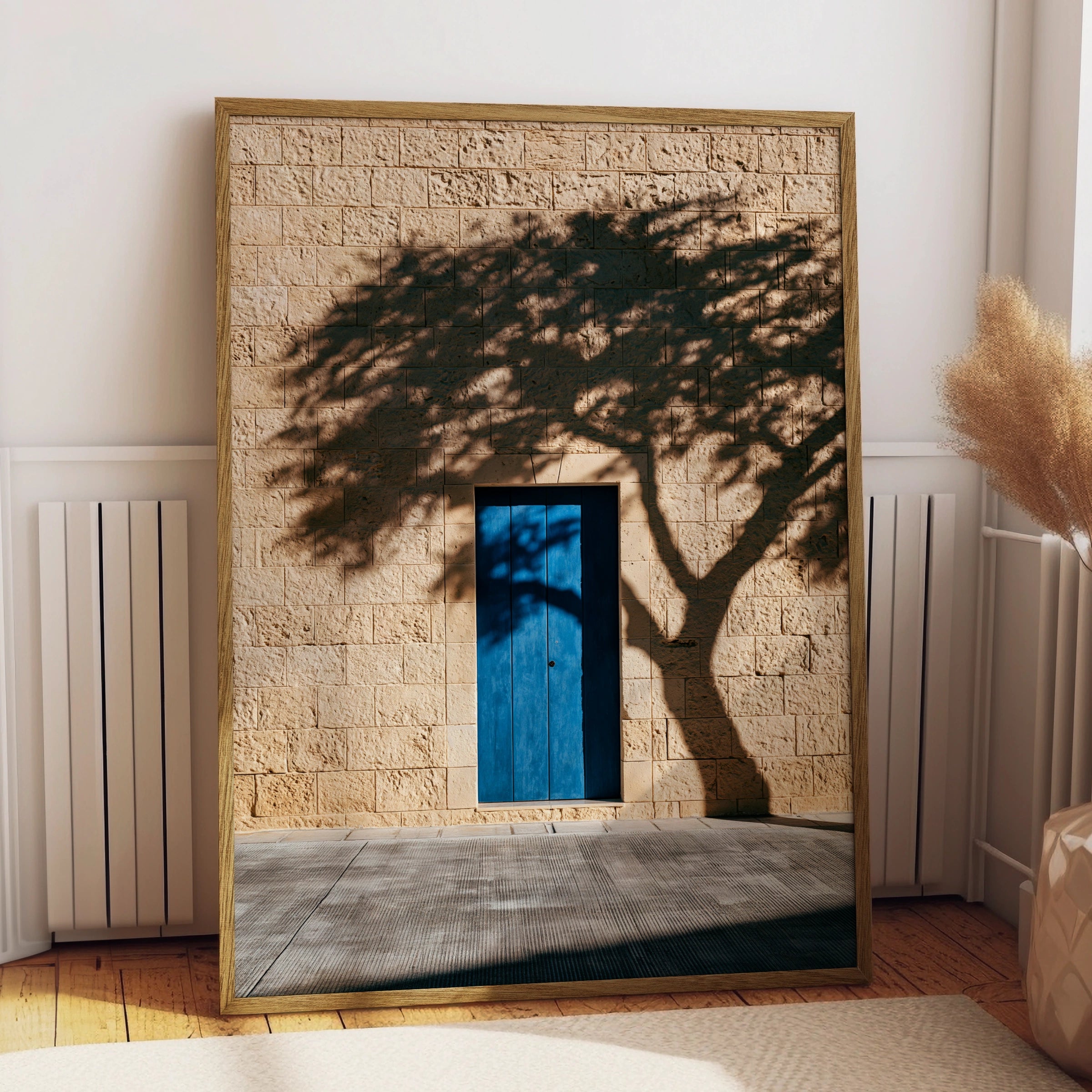 Blue Door Tree Shadow Stone Wall Poster, Mediterranean Architecture Print