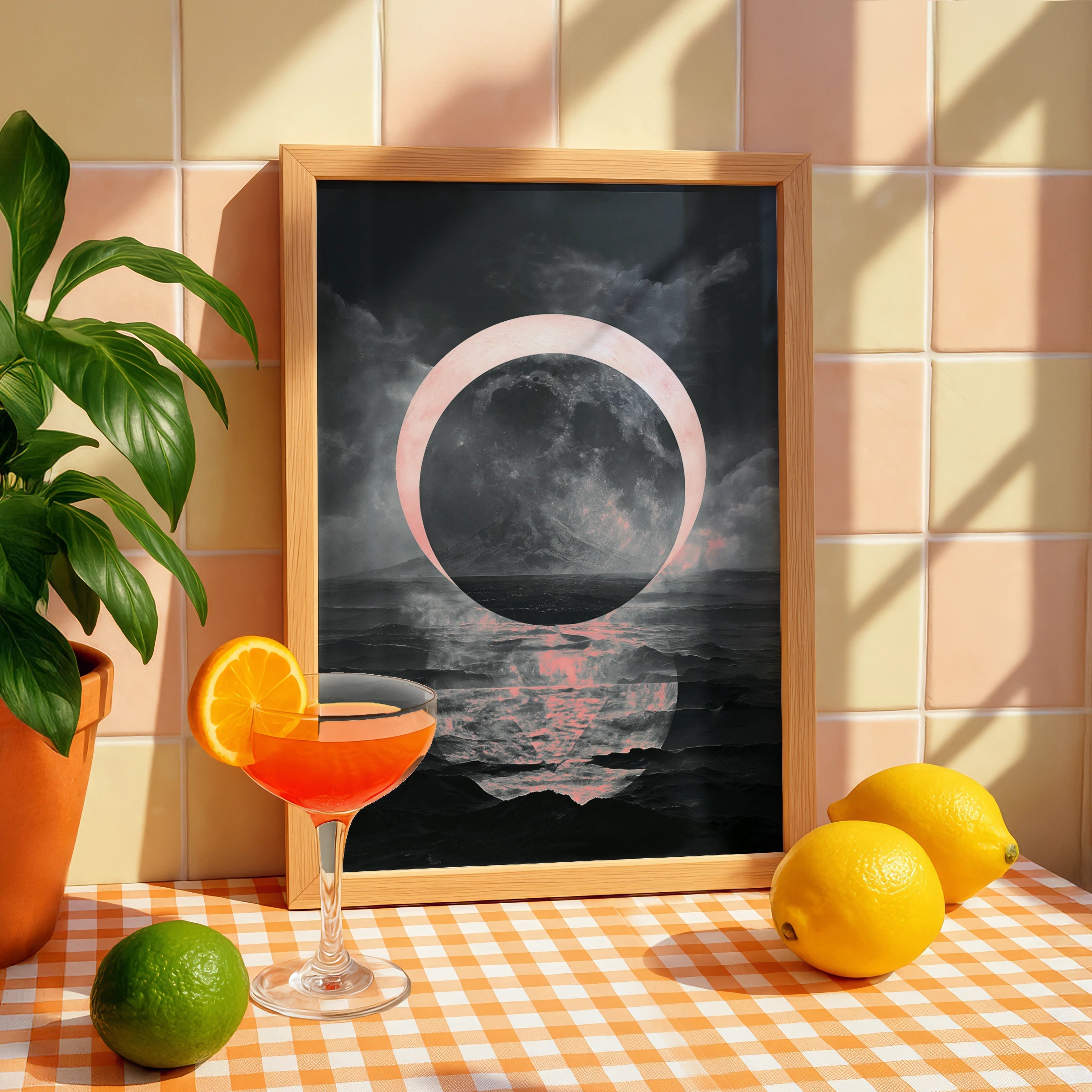 Black Pink Moon Poster, Dark Celestial Wall Art, Surreal Night Sky Print