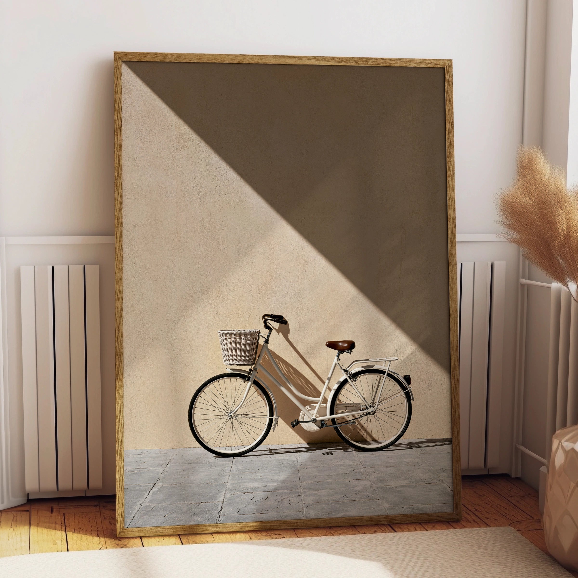 Vintage Bicycle Sun Shadow Wall Art Poster, Minimalist Beige Photography Print