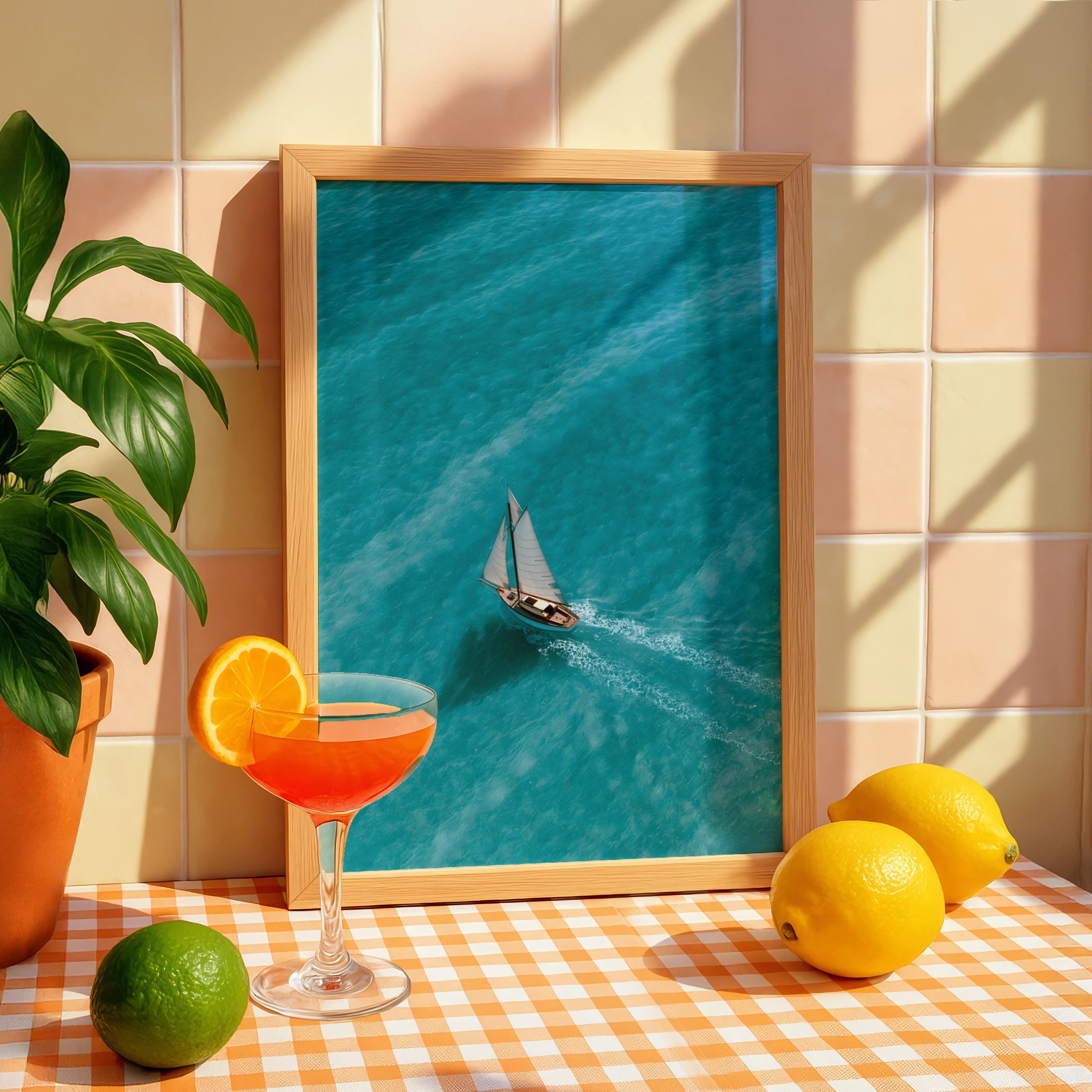 Sailboat Clear Turquoise Sea Poster, Aerial Ocean Wall Art, Nautical Print